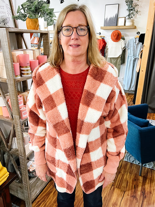 Pink Check Sherpa Hooded Cardigan