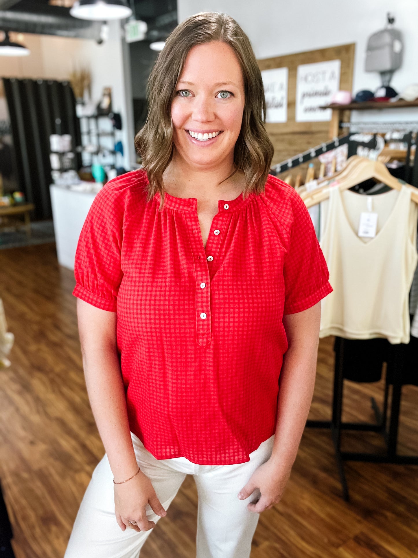 Red Checker Button Front Top