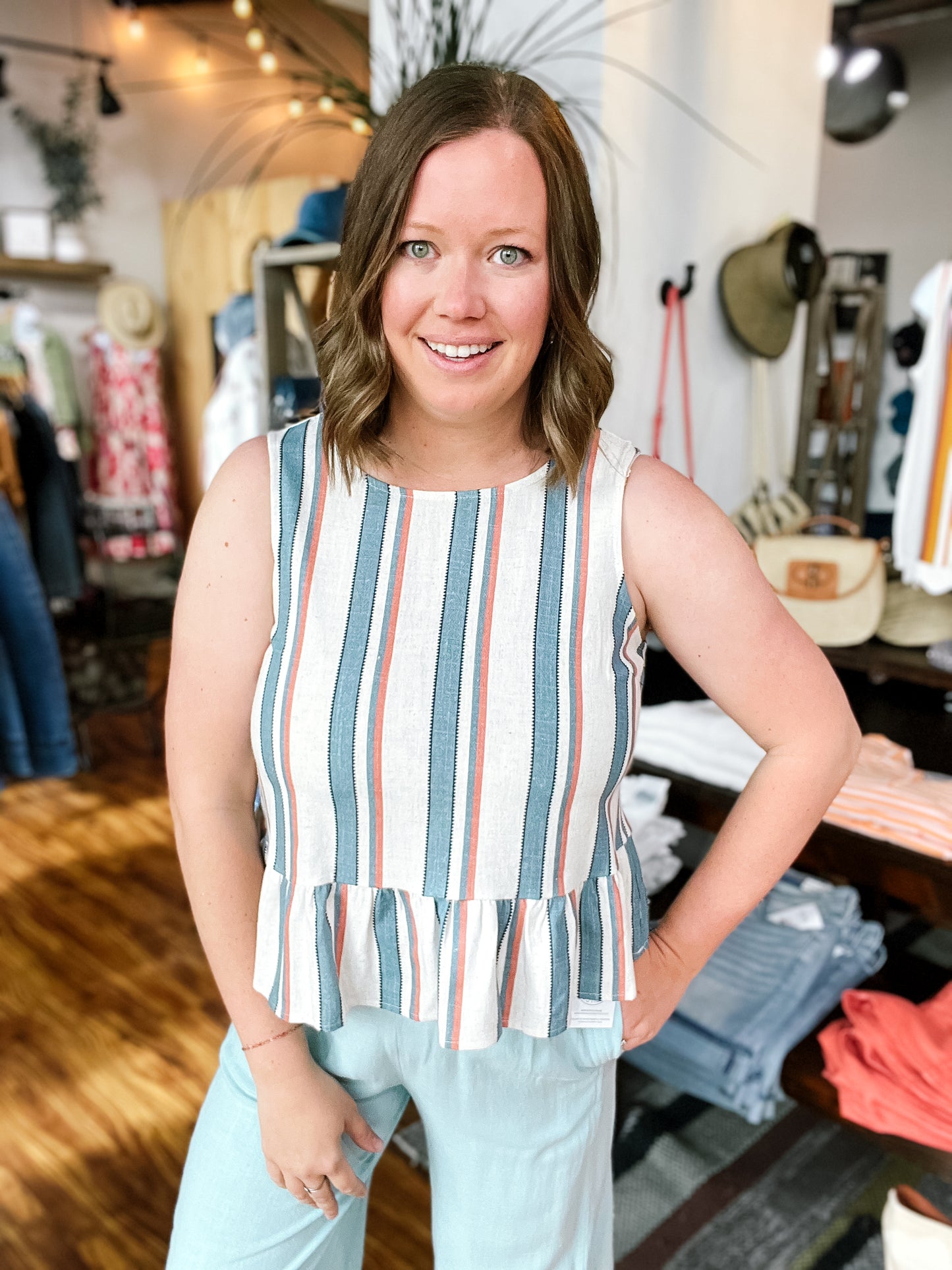 Denim & Vintage Red Stripe Peplum Tank Top