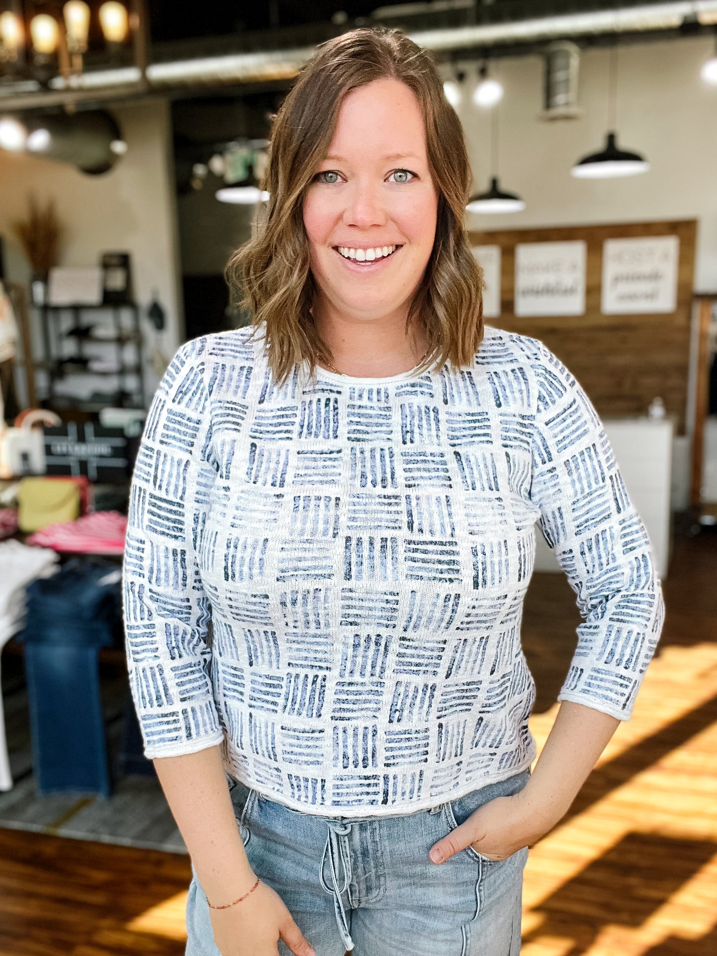 White W/Blue Stamped Pullover Top