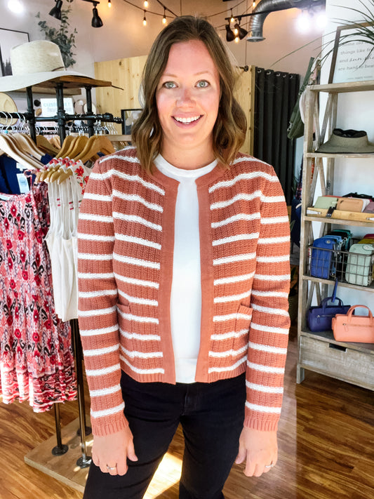 Terracotta Chunky Knit Striped Cardigan