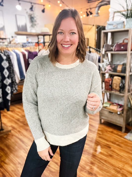 Olive Green & Cream Striped Sweater