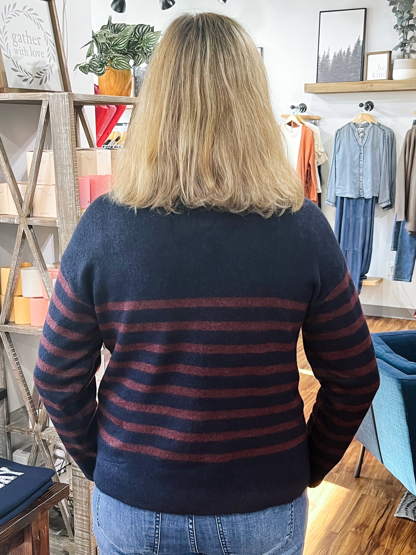 Navy W/ Burgundy Stripe Sweater
