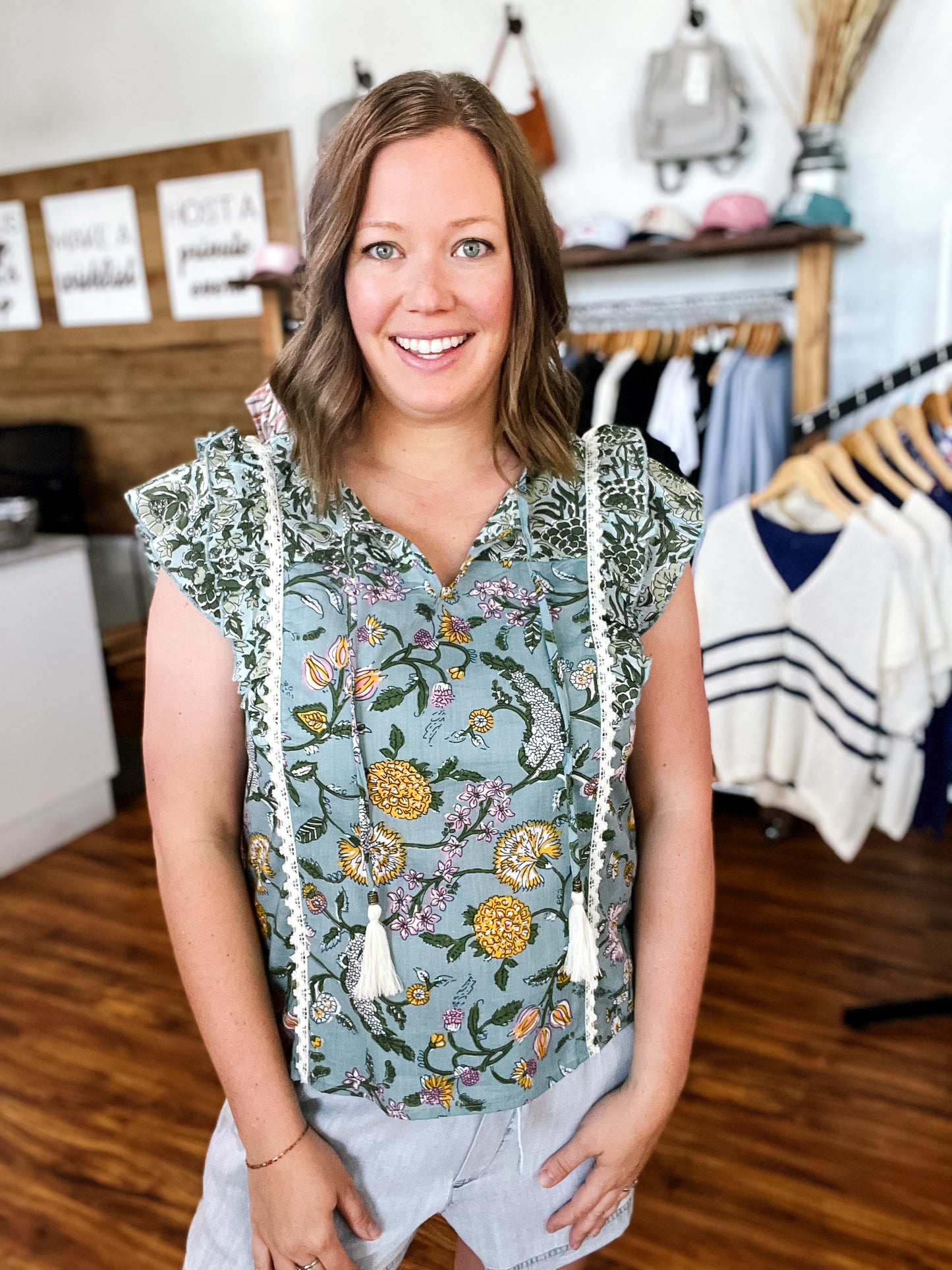 Green Floral Print W/Tassles Top