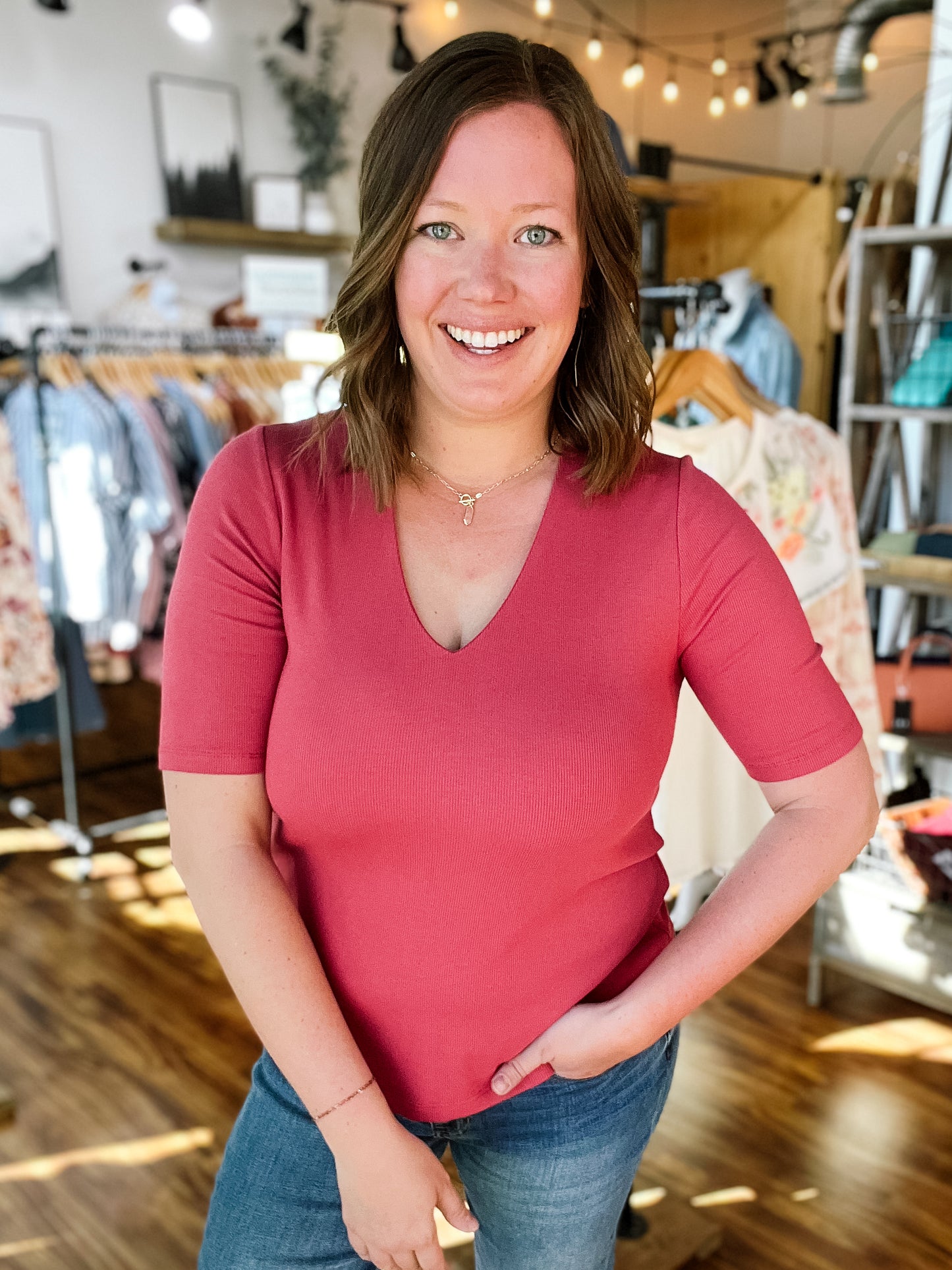 Rose Double Layered Short Sleeve V-Neck Top