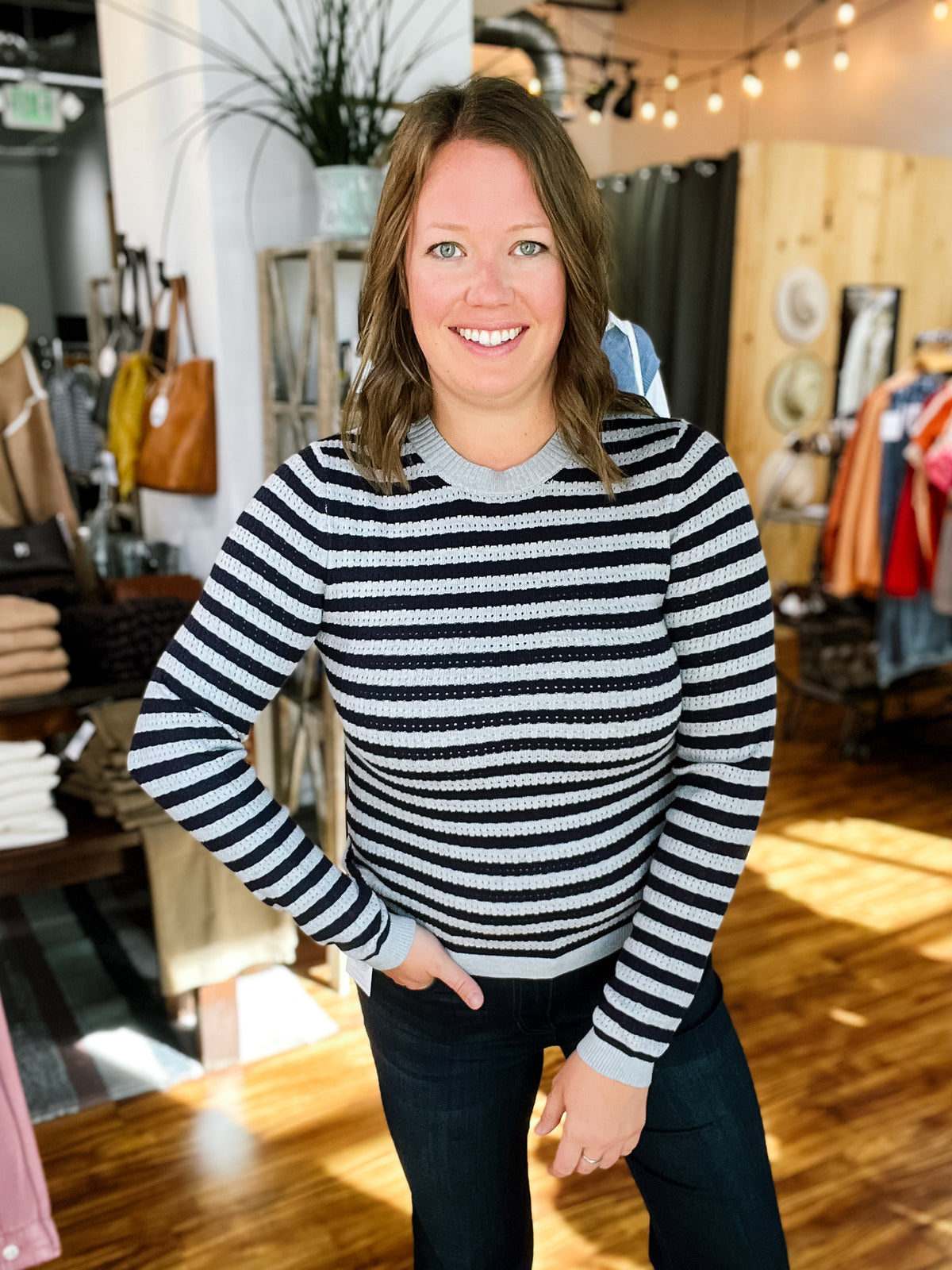 Navy & Gray Stripe Long Sleeve Top
