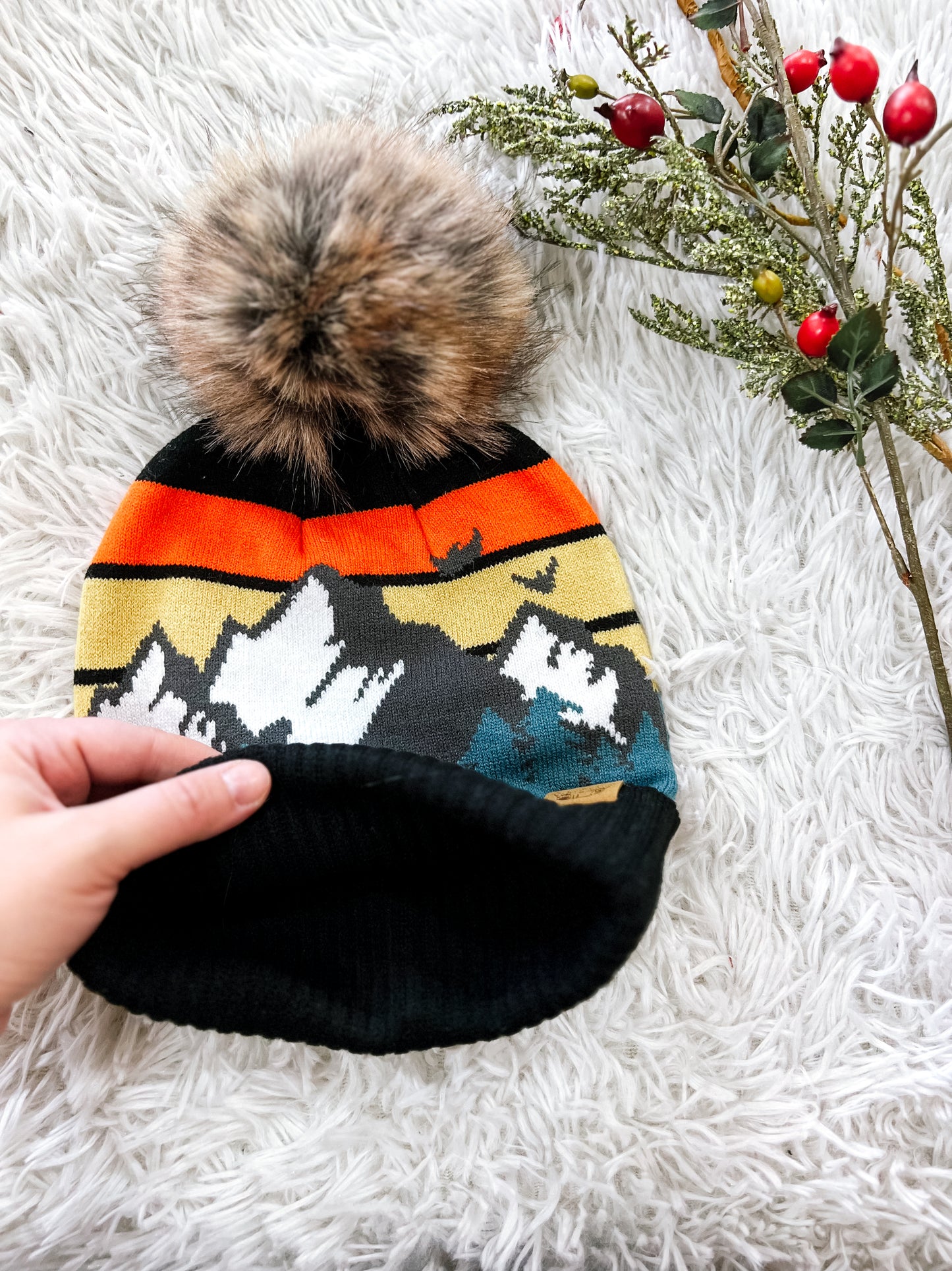 Black Mountain Scene Pom Beanie