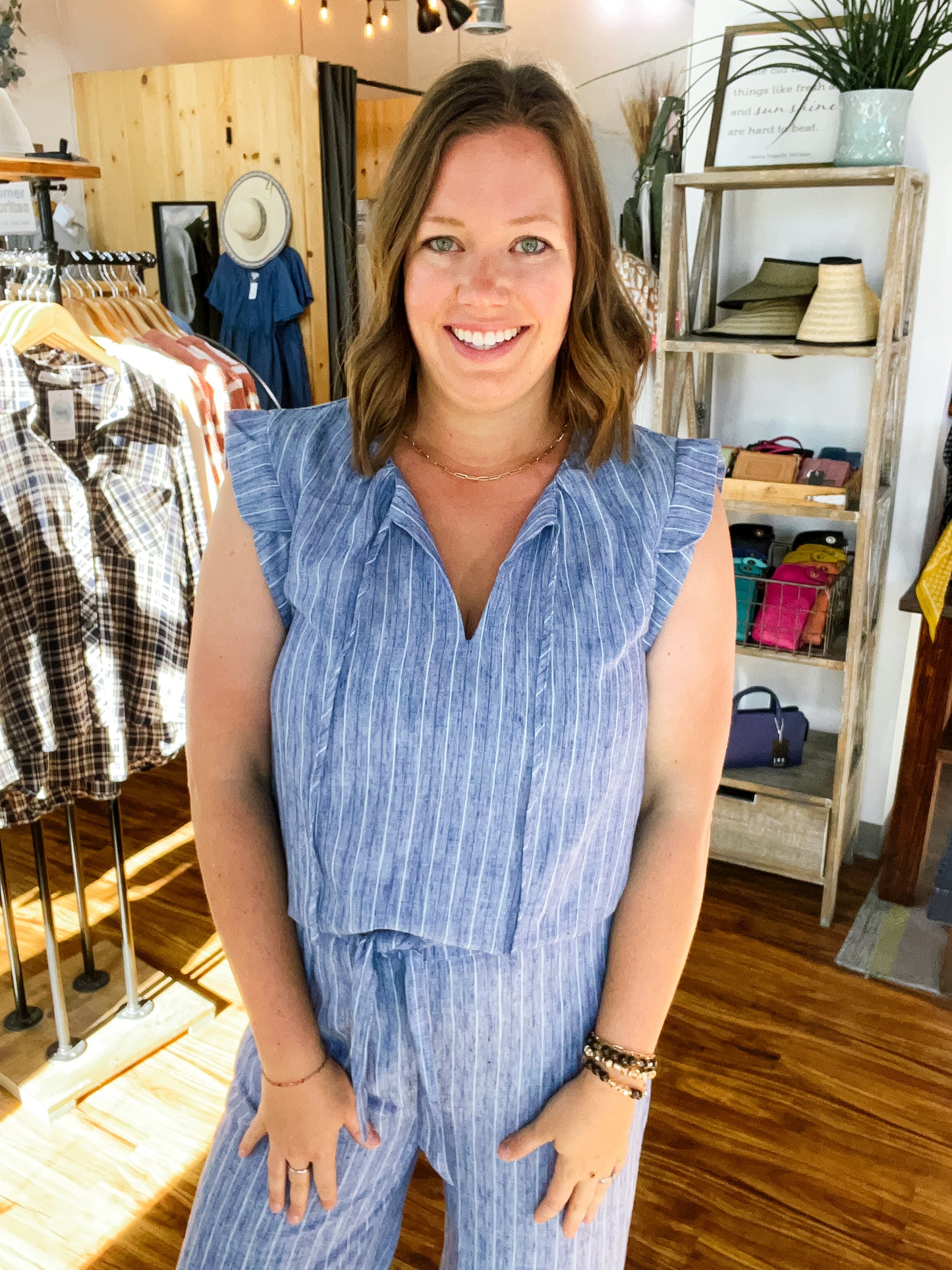 Blue Stripe Cap Flutter Sleeve Top