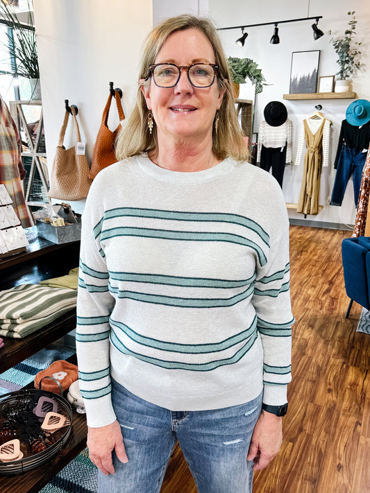 Silver W/Shades Of Blue Stripes Sweater