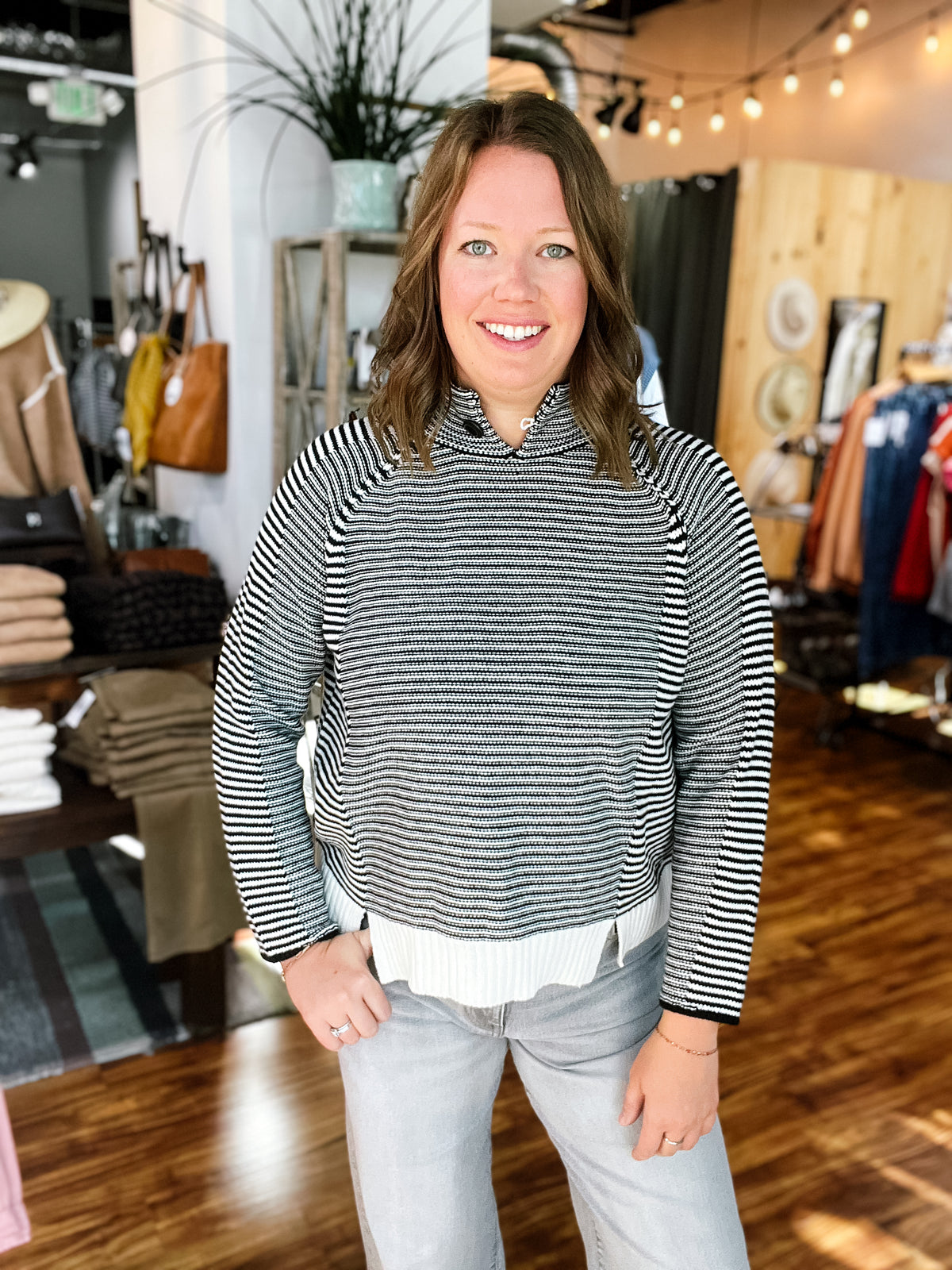 Black W/Cream Stripe Button Collar Sweater