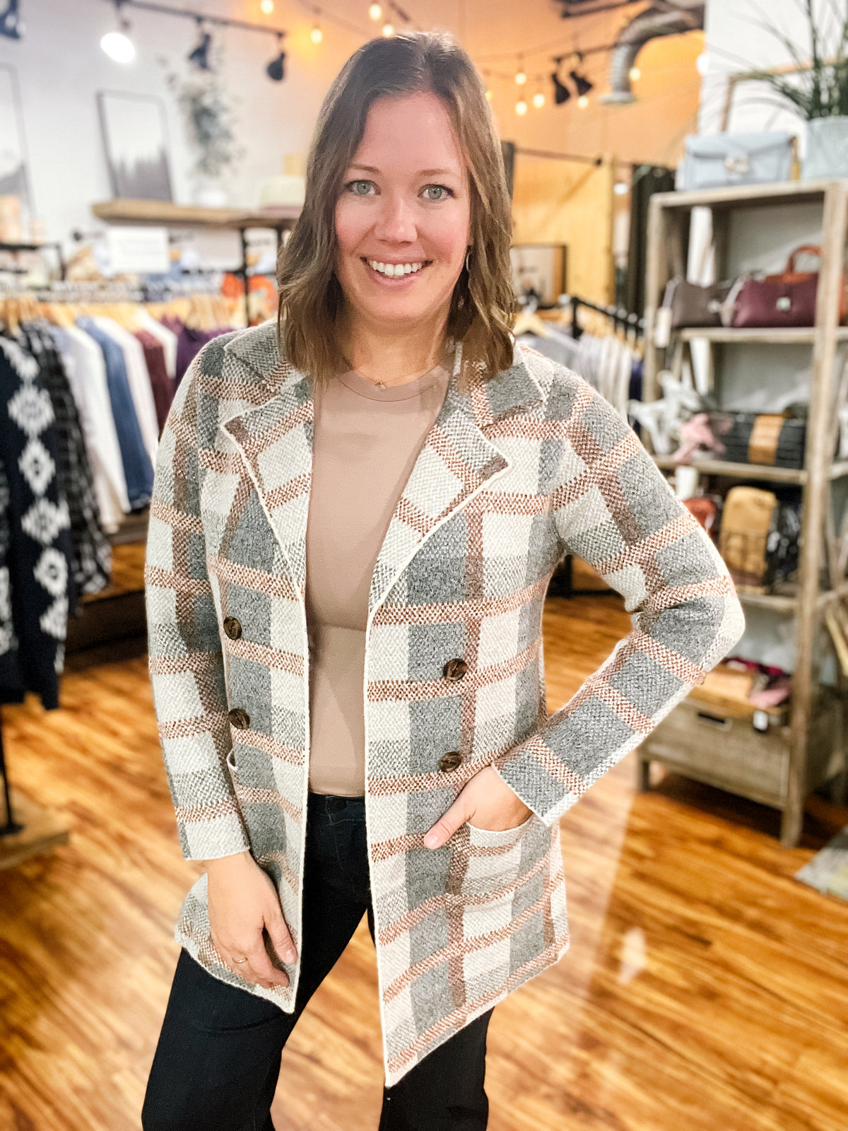 Taupe Checkered Open Front Cardigan