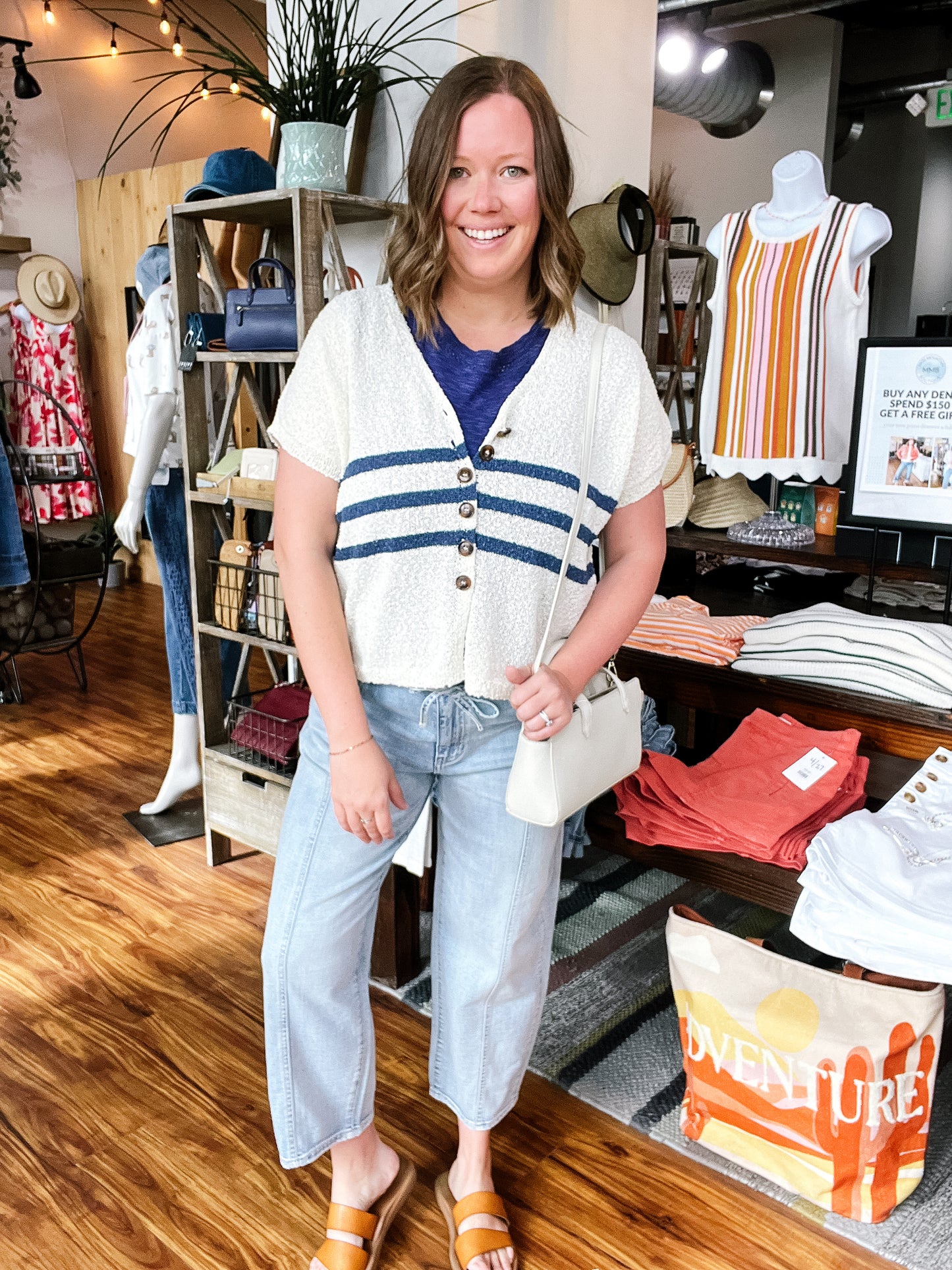 Cream & Navy Stripe Short Sleeve Cardigan