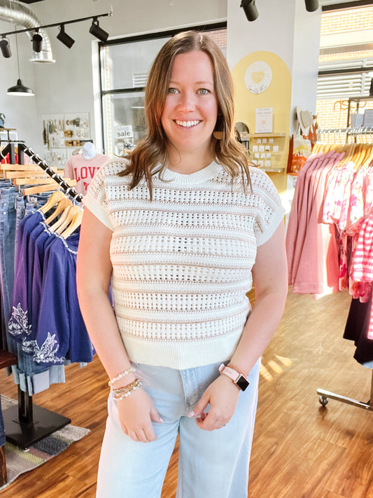 Ivory/Taupe Open Stitch Sleeveless Sweater