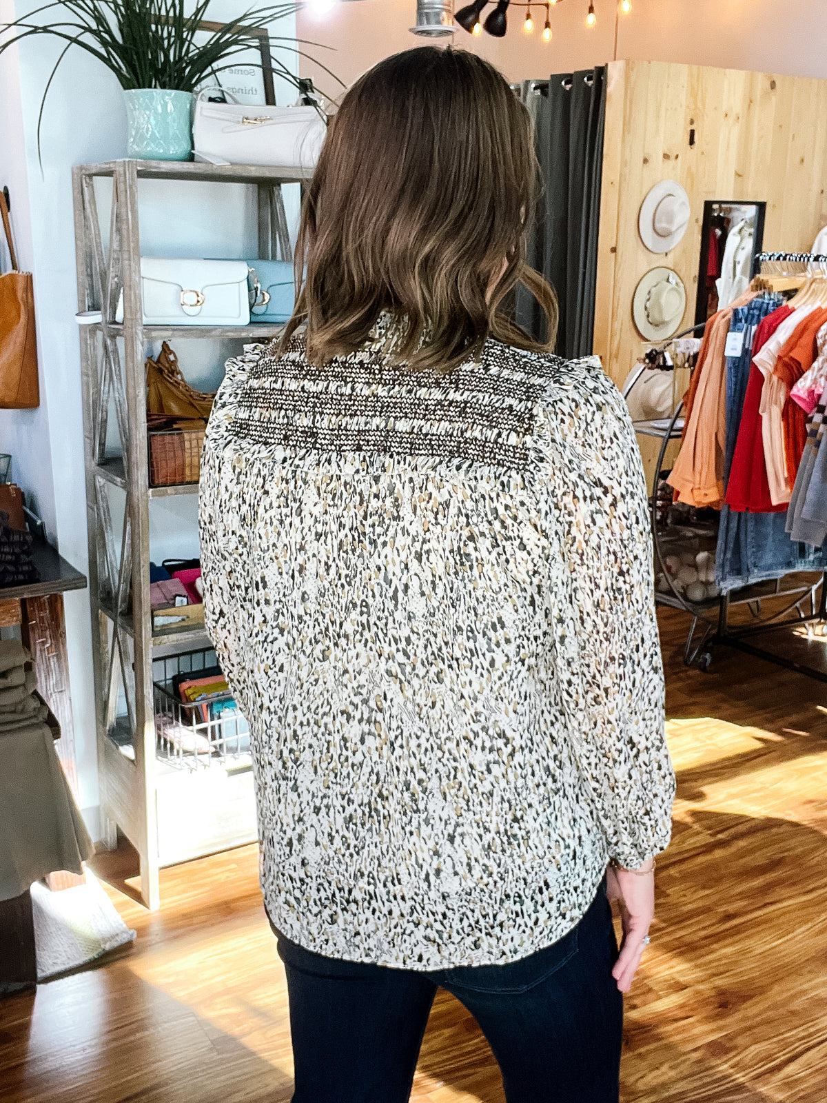 Brown Print Peasant Blouse
