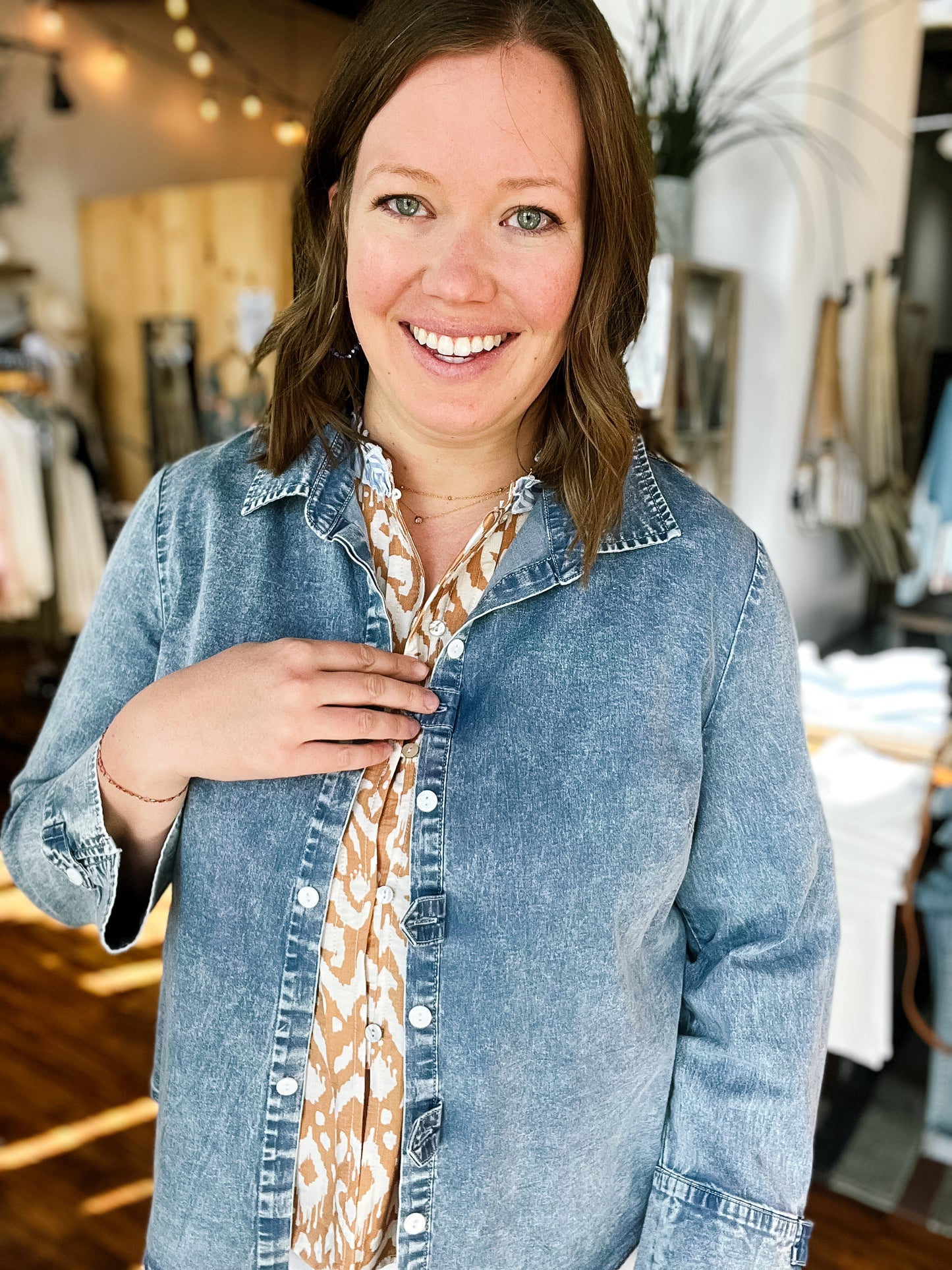 Chambray White Button Top