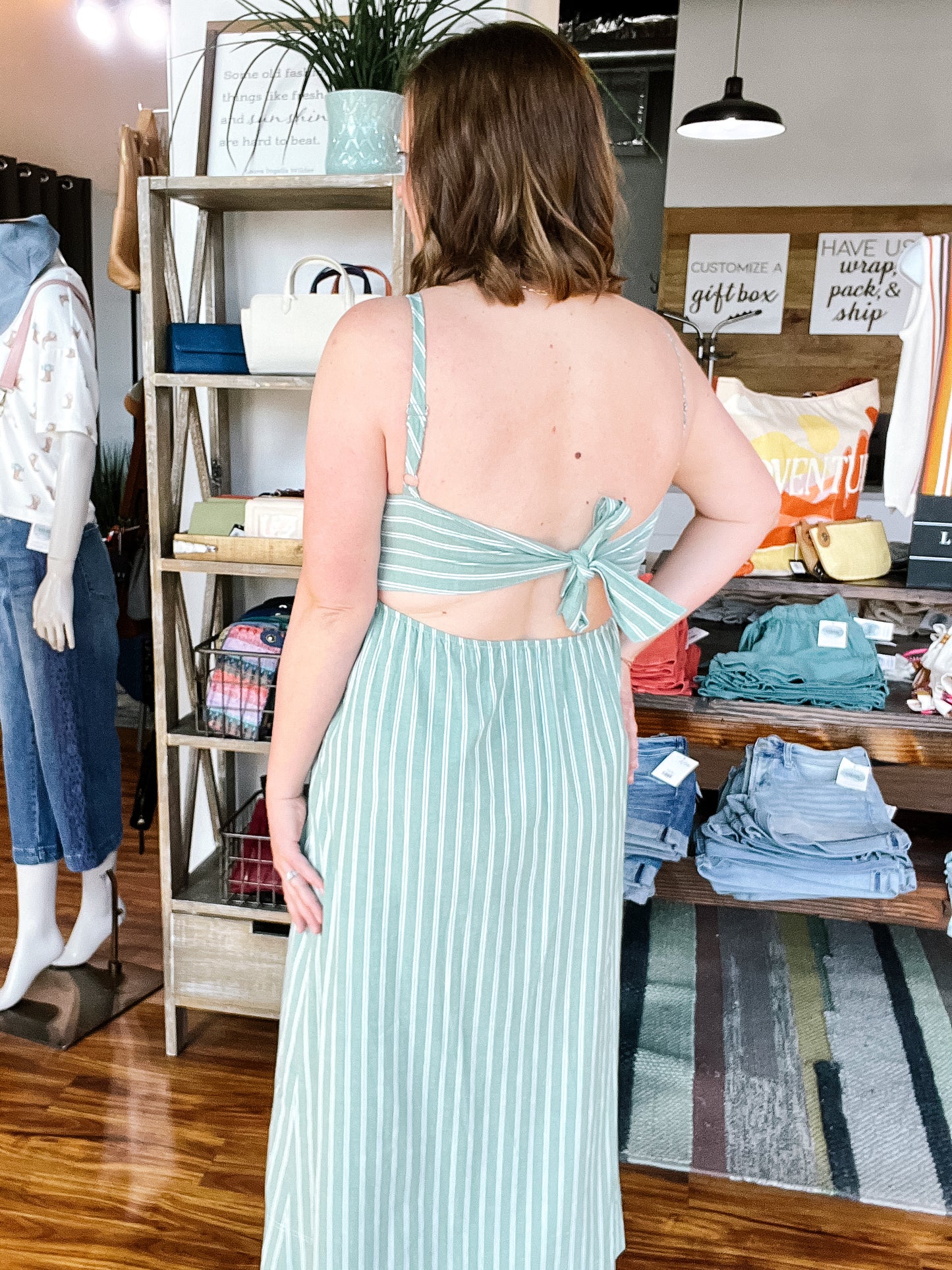 Green & White Stripe Midi Tank Dress