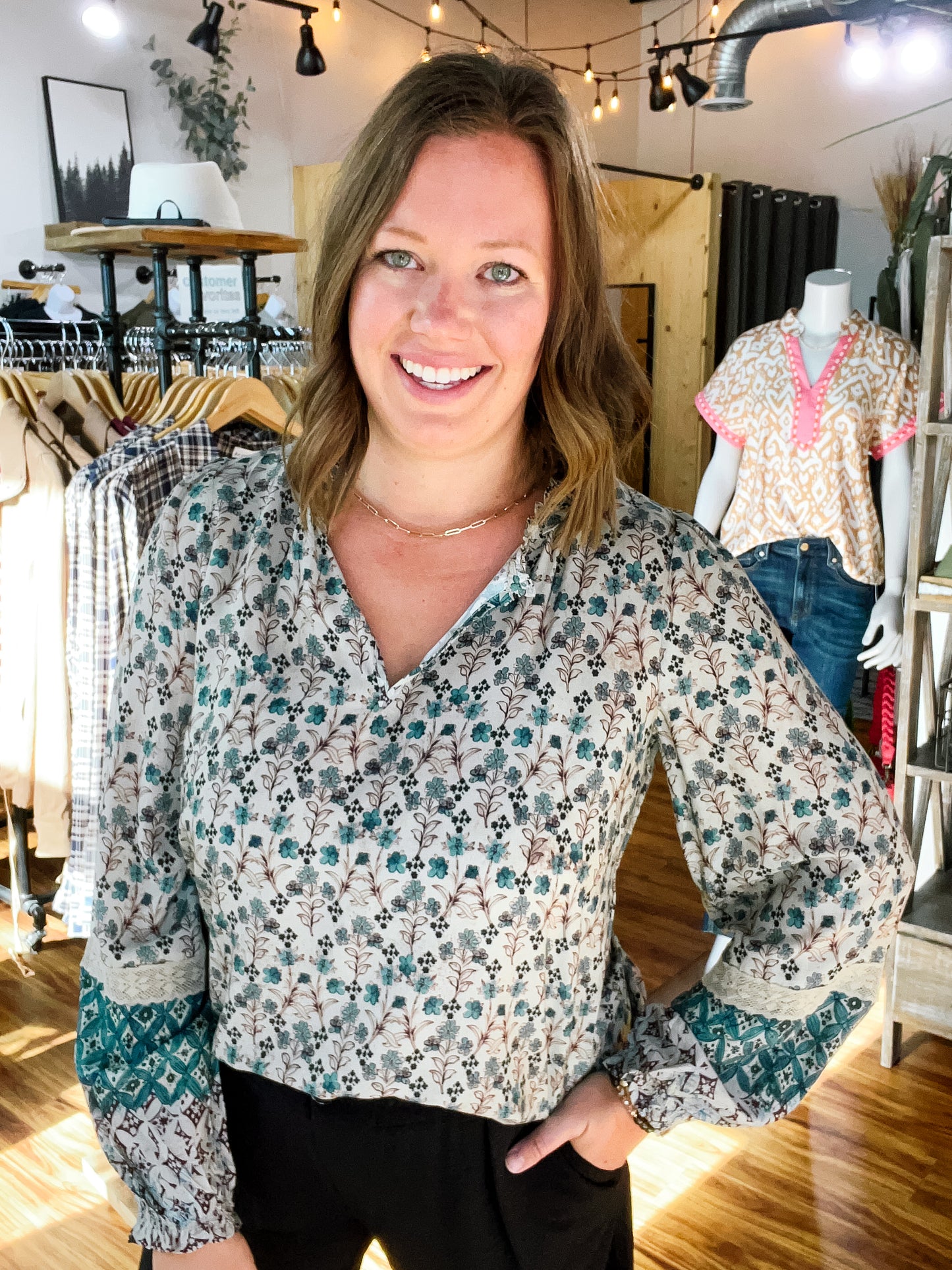 Teal Floral Long Sleeve Top