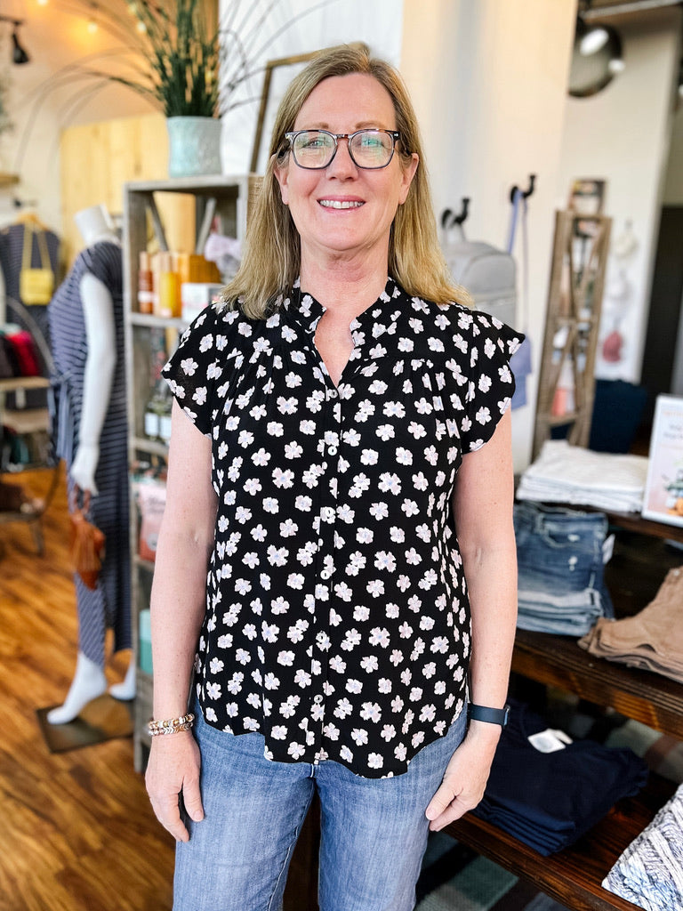 Black Floral Print Flutter Sleeve Top