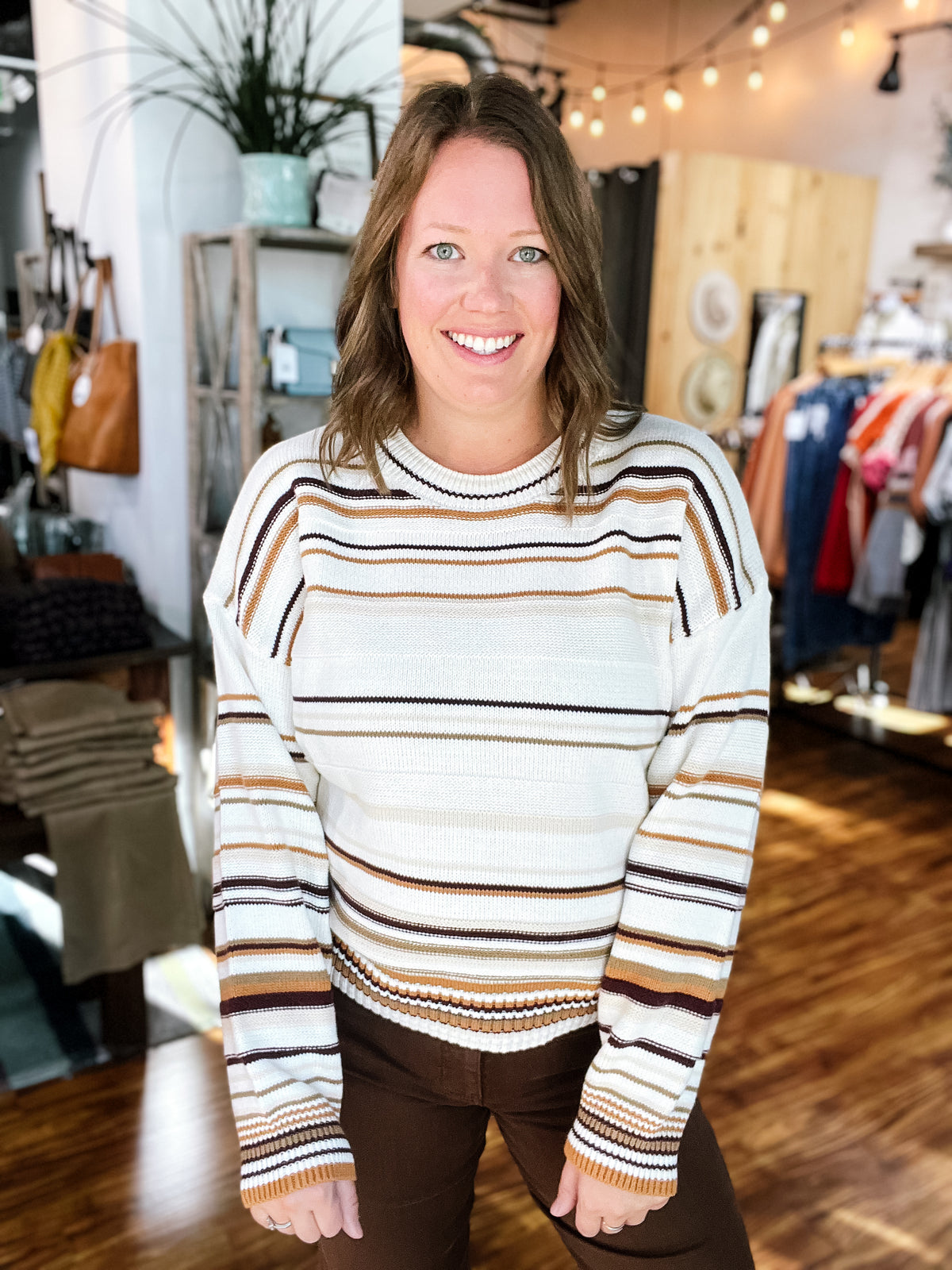 Cream W/ Brown Multi Stripe Sweater