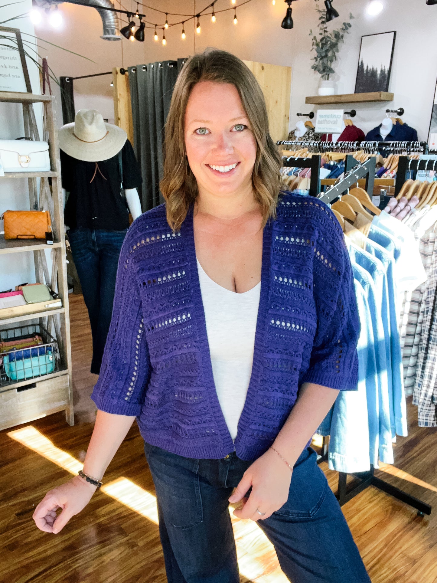 Navy Crochet Open Front Cardigan
