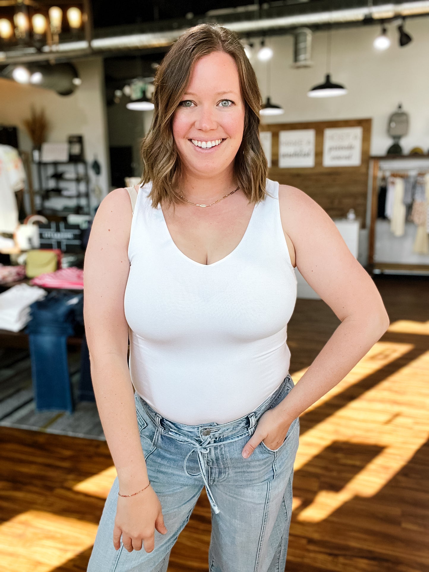 White V-Neck Double Layer Tank