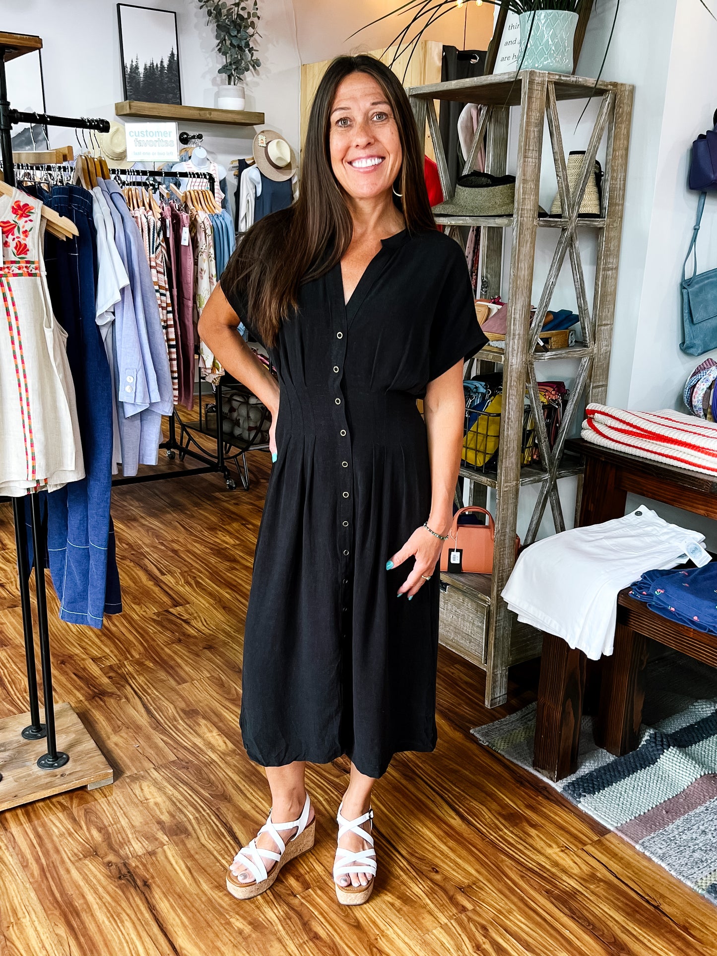 Black Pleated Waist Button Down Midi Dress