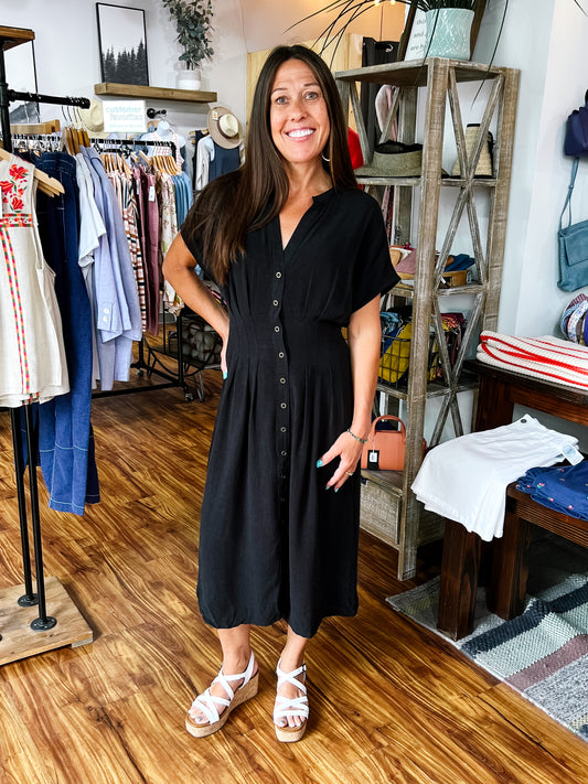 Black Pleated Waist Button Down Midi Dress