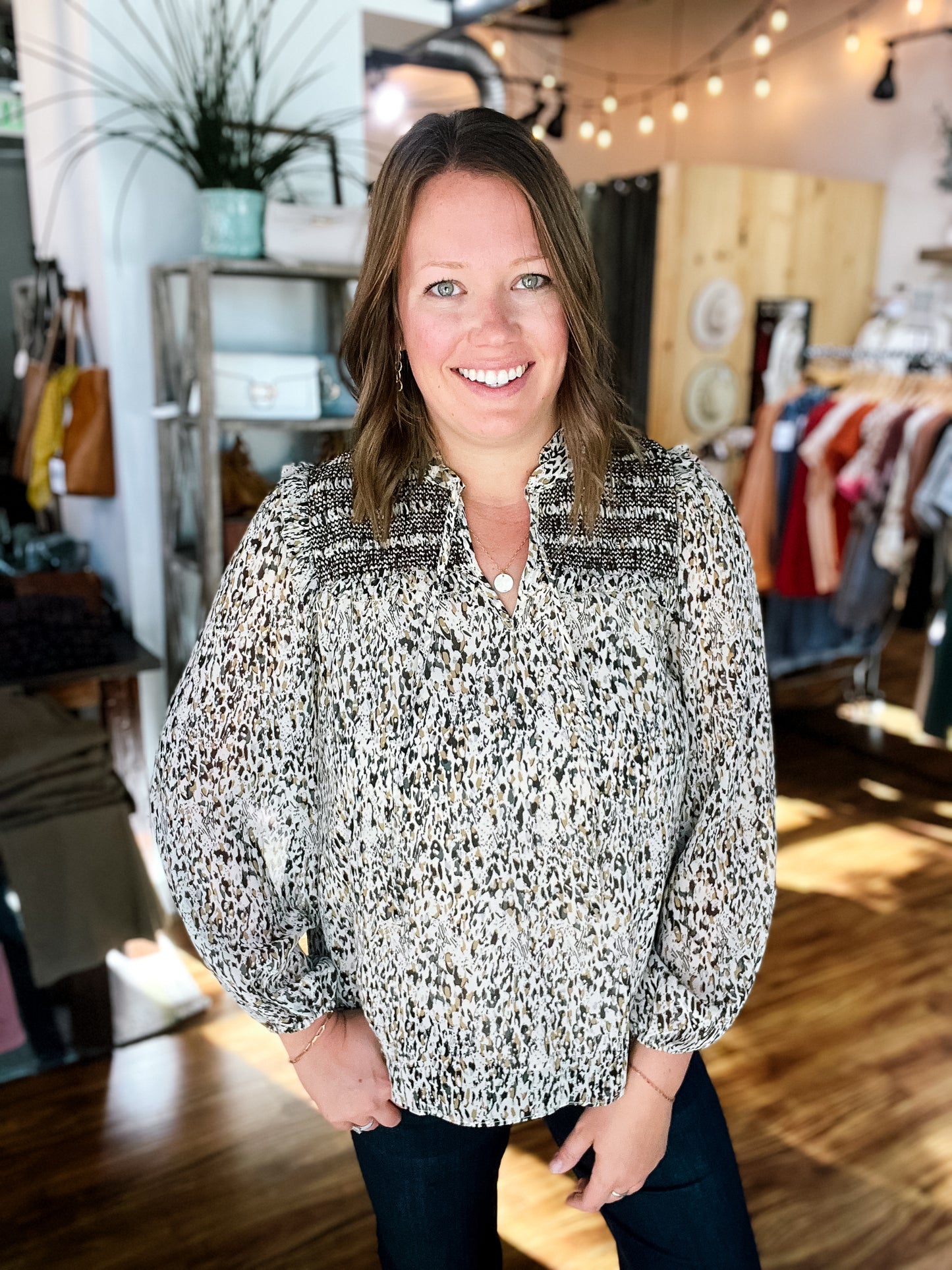 Brown Print Peasant Blouse