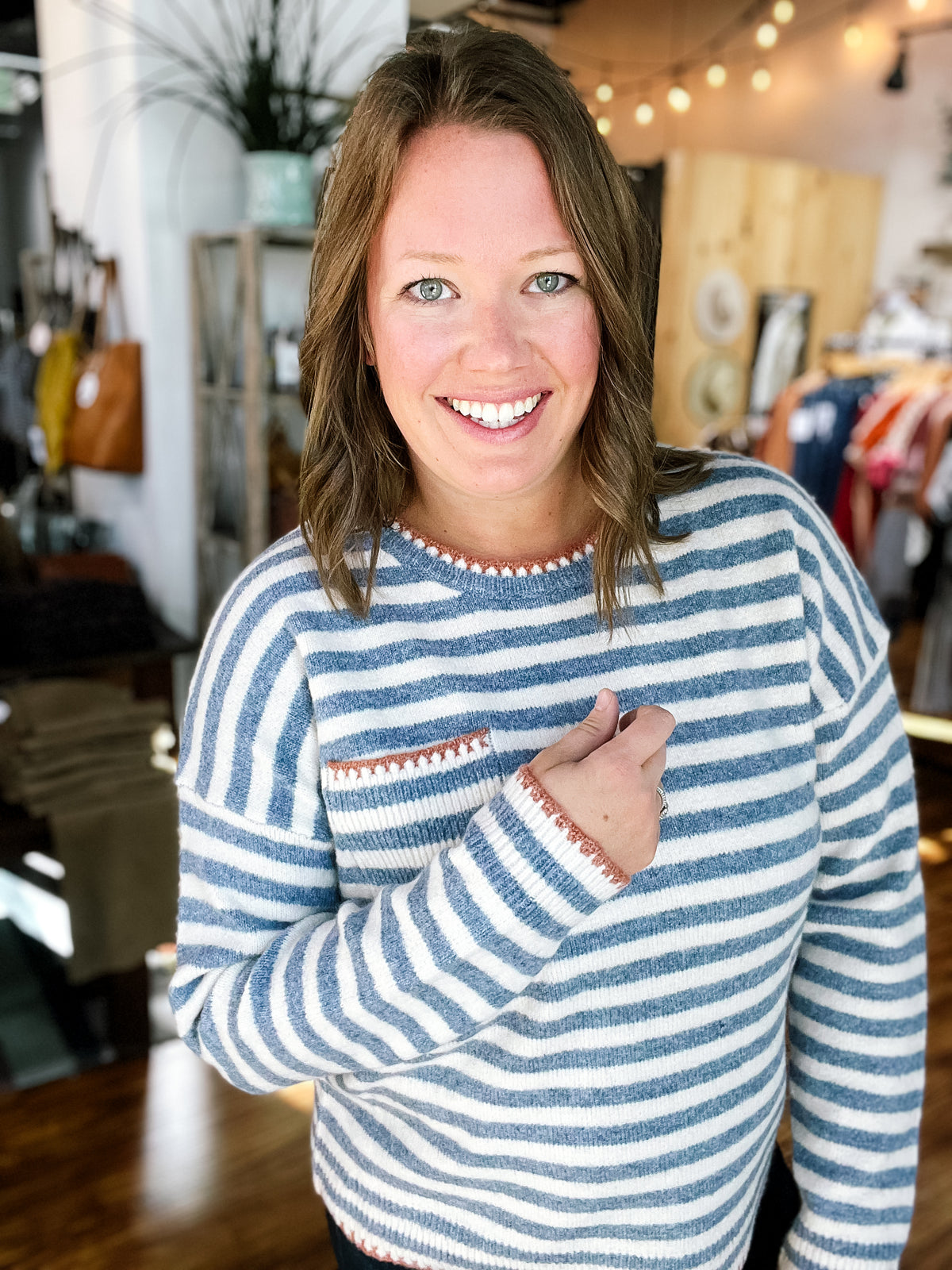 Cream And Slate Blue Striped Sweater With Rust Stitching Pocket