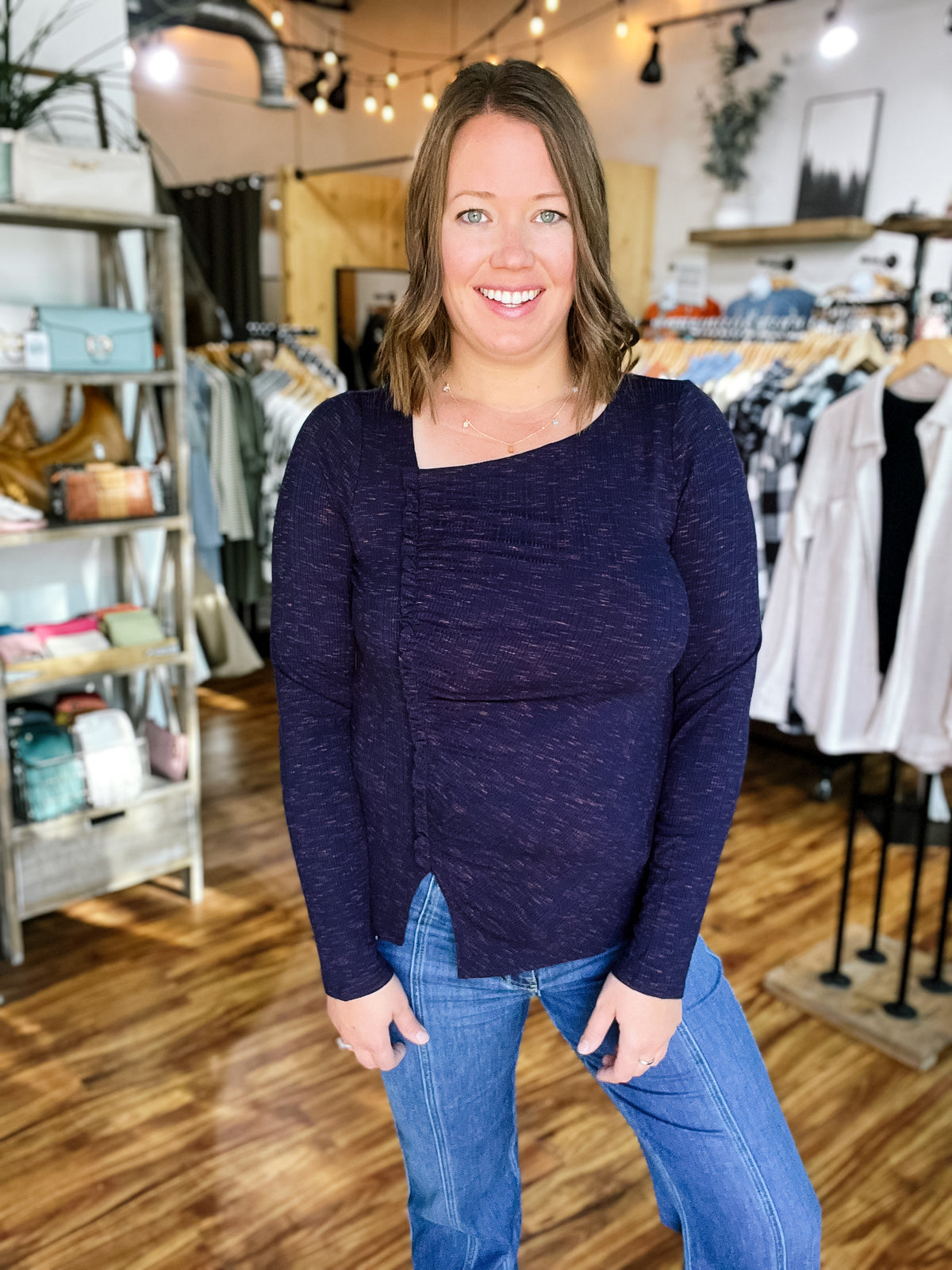 Navy Asymmetrical Long Sleeve Top
