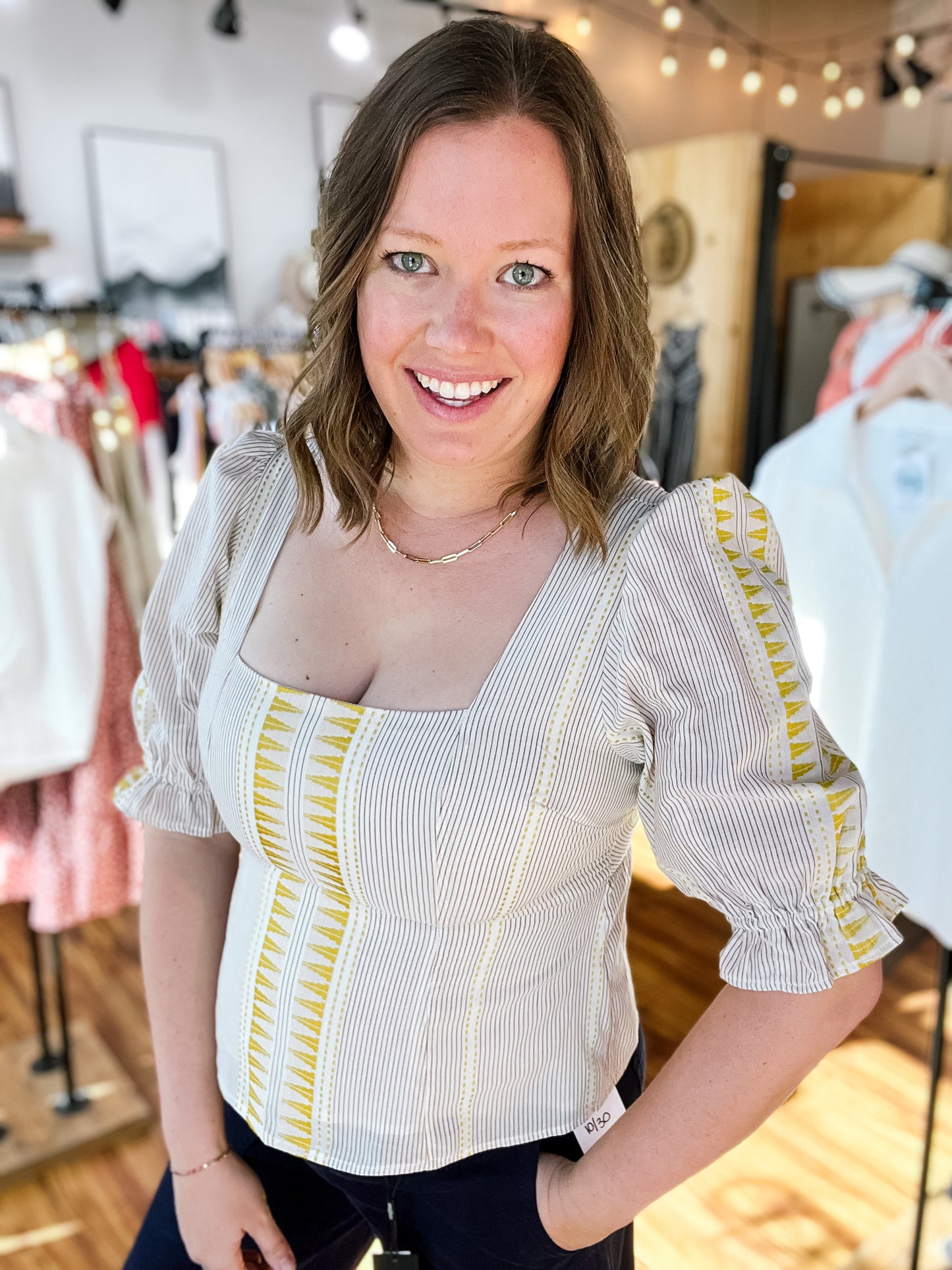 Cream & Brown Stripe Square Neck Top