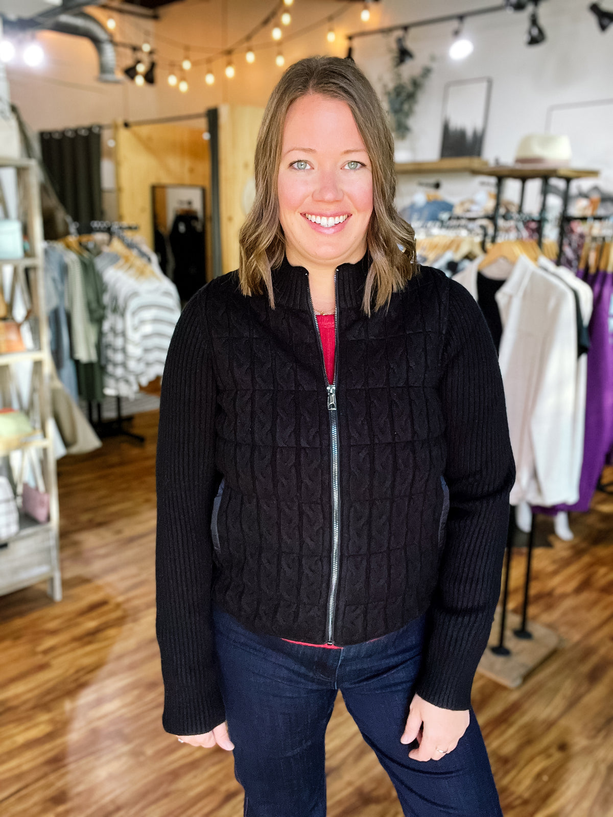 Black Zip Front Quilted Sweater Jacket