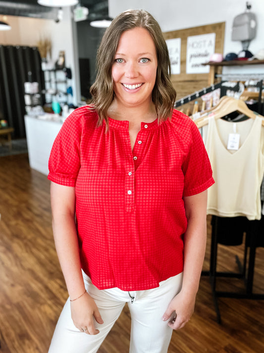 Red Checker Button Front Top