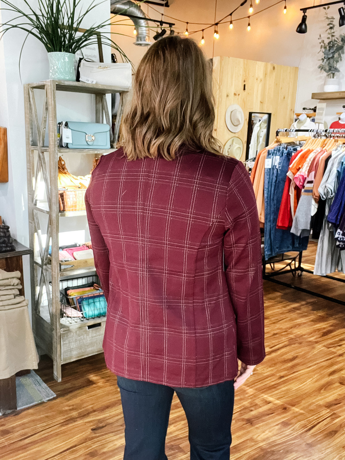 Burgundy Plaid Boyfriend Blazer