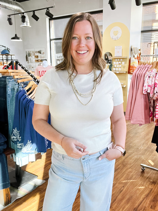 Beige Short Sleeve Round Neck Sweater