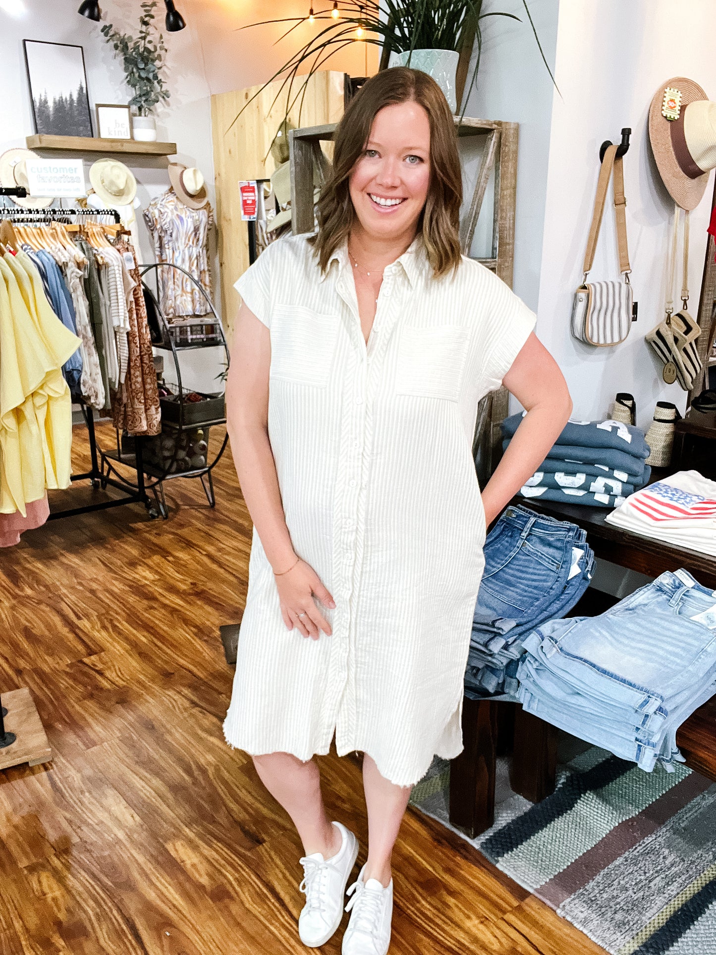 Cream & Tan Stripe Button Front Shirt Dress