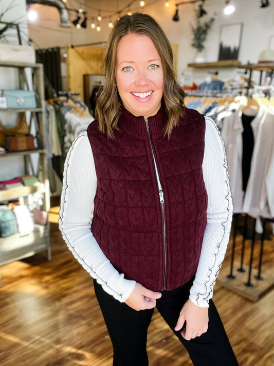 Plum Reversible Cable Knit Puffer Vest