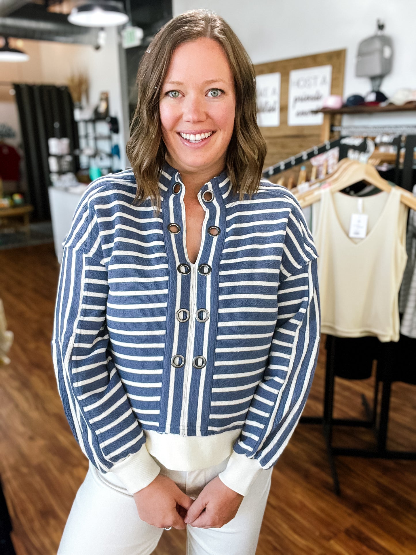 Blue Stripe Pop Over Top
