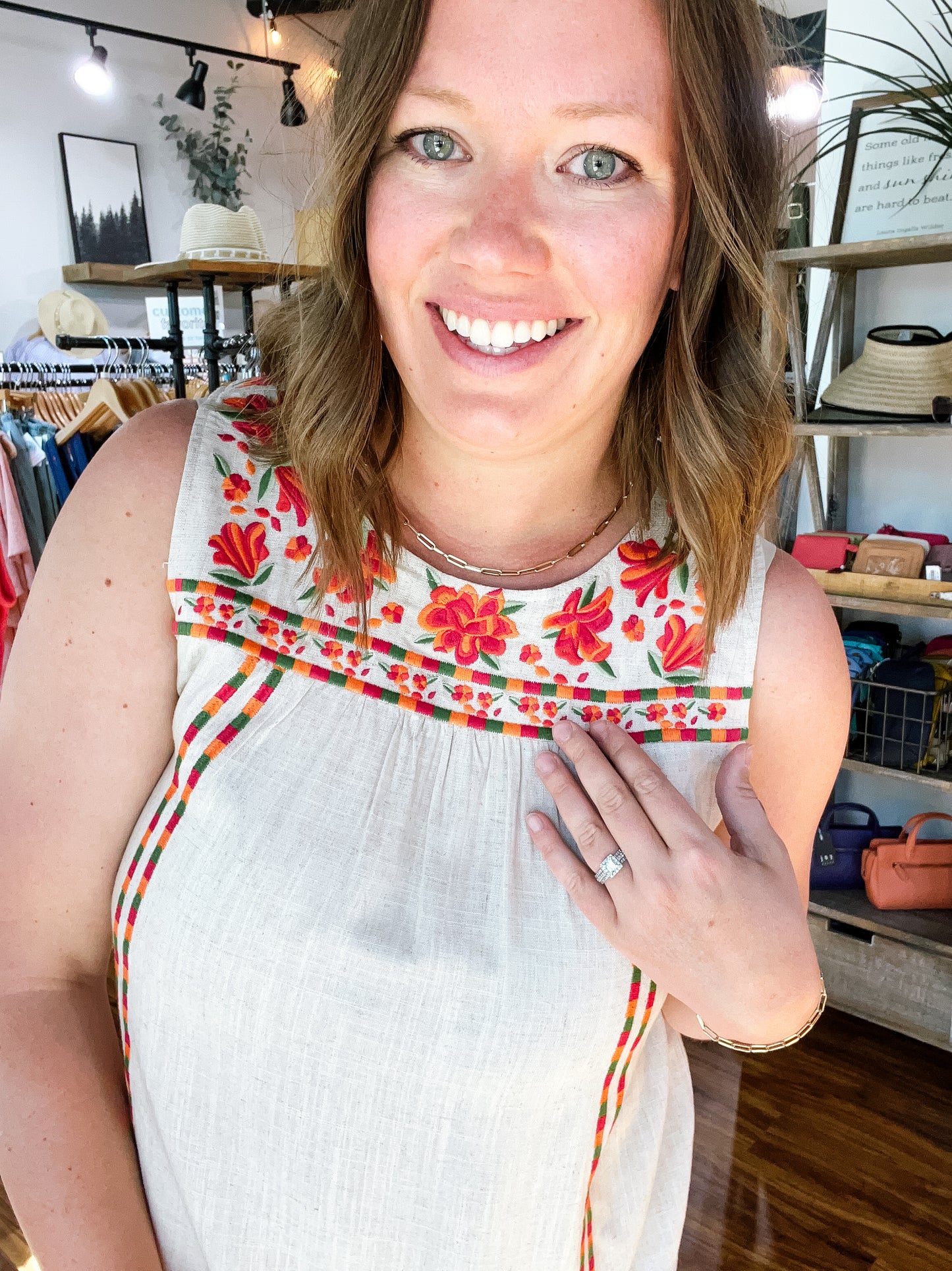 Beige Floral Embroidery Tank Top