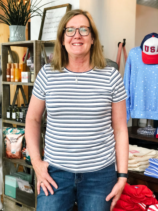 White W/ Navy Stripes Slim Fit Tee