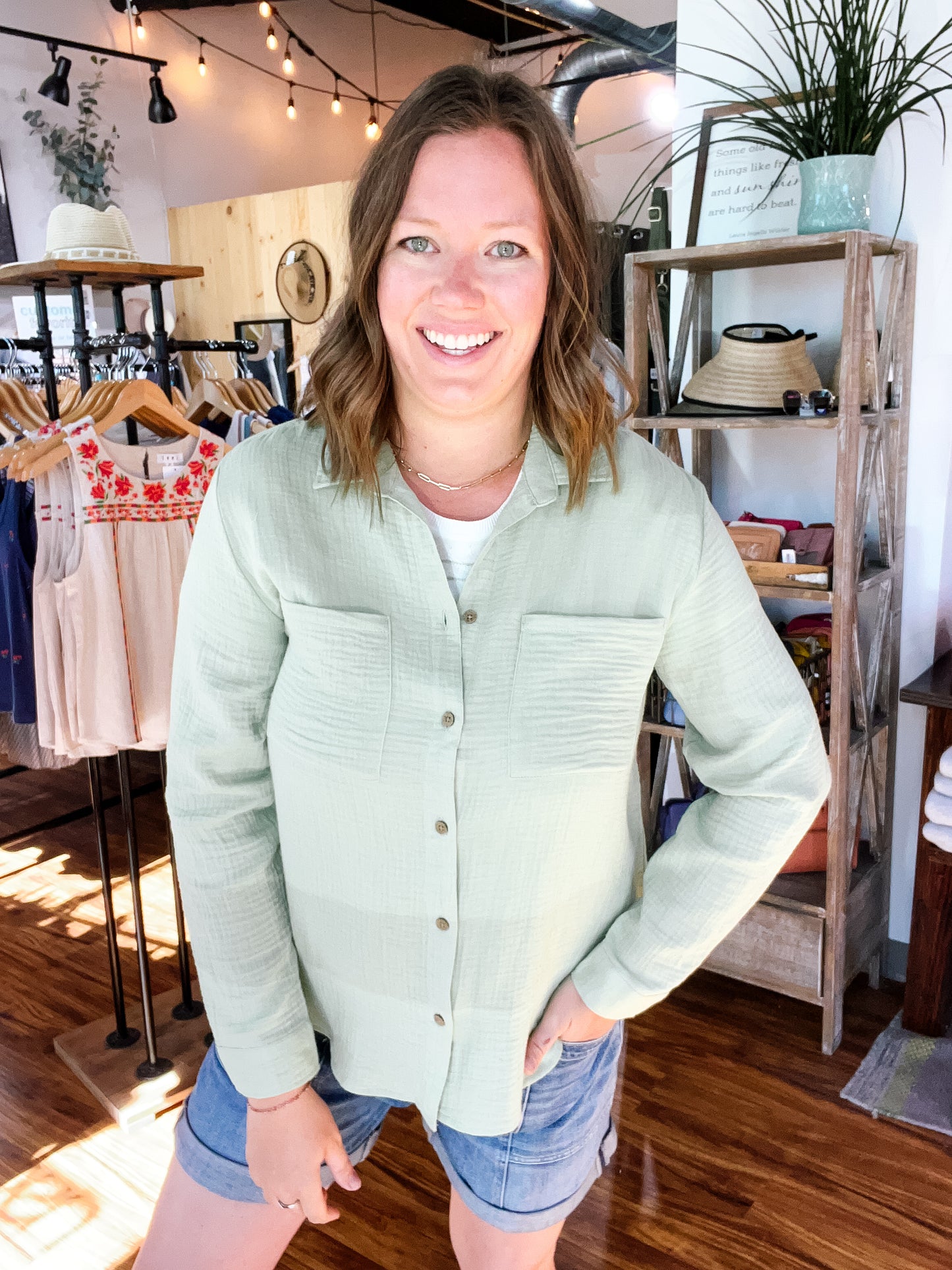 Pistachio Green Long Sleeve Button Up Shirt