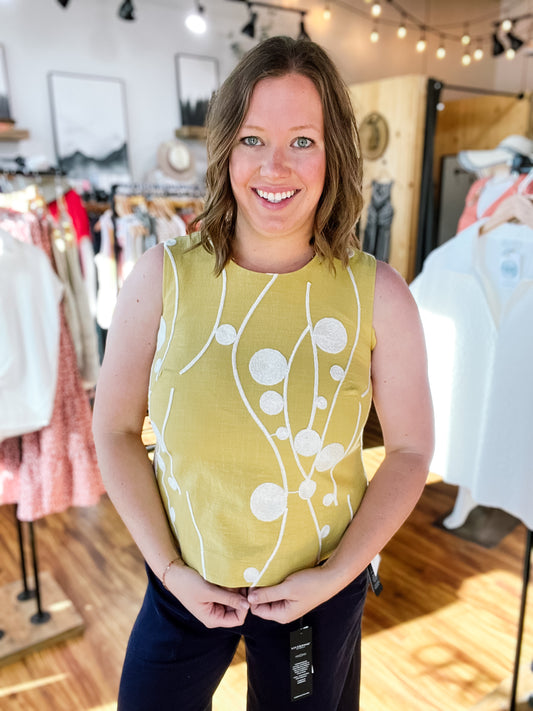 Yellow W/ Cream Embroidery Tank Top