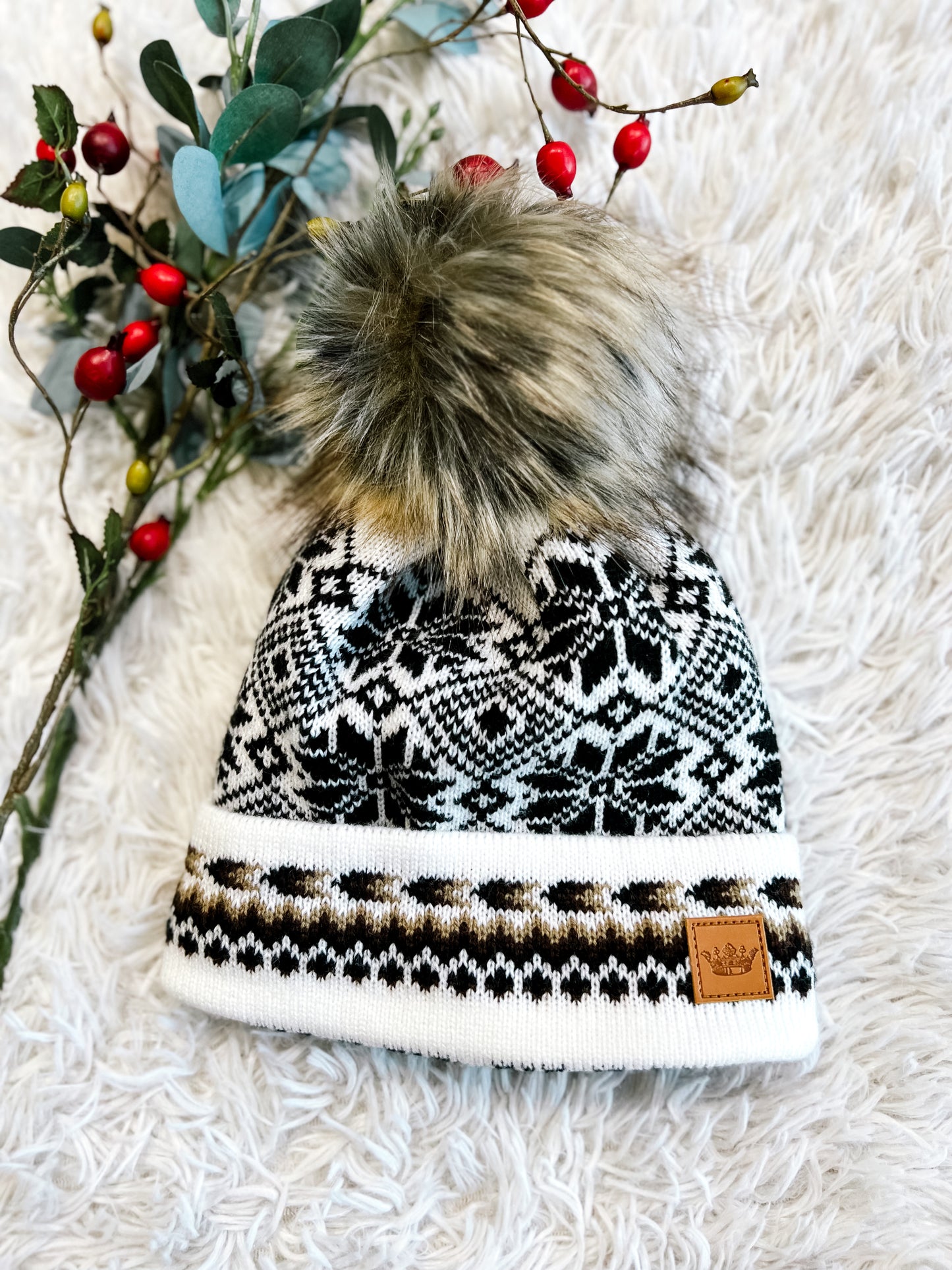 White, Black & Tan Patterned Pom Beanie