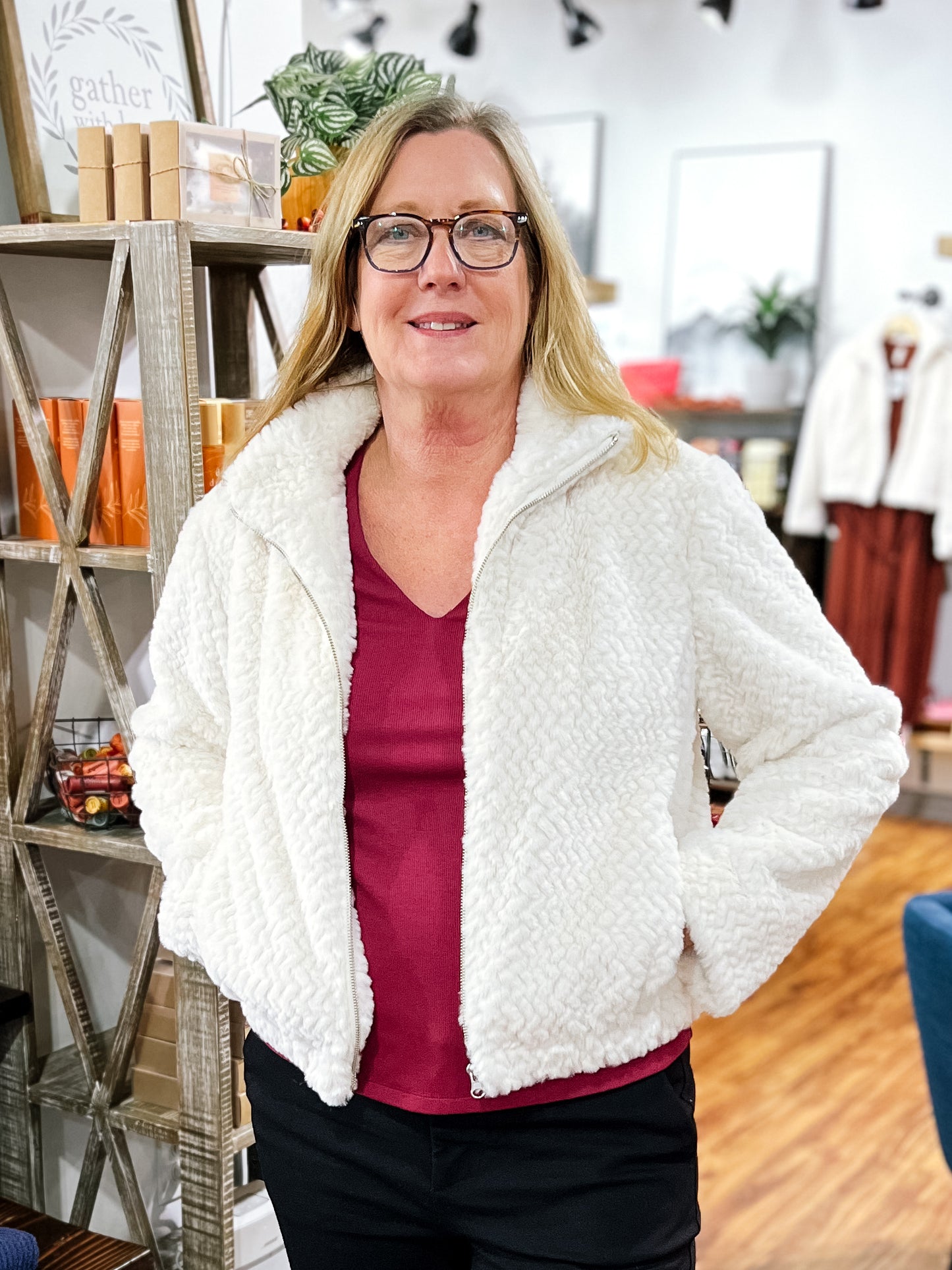 Ivory Faux Fur Bomber Jacket