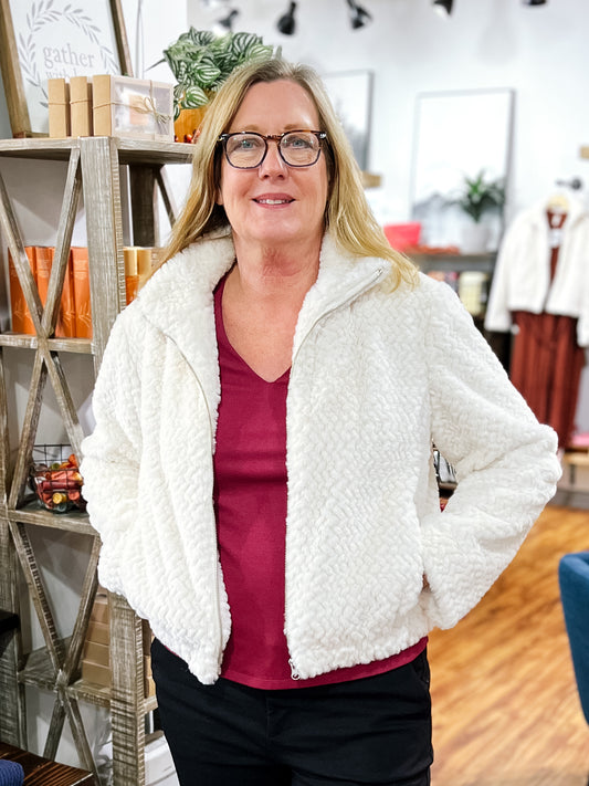 Ivory Faux Fur Bomber Jacket