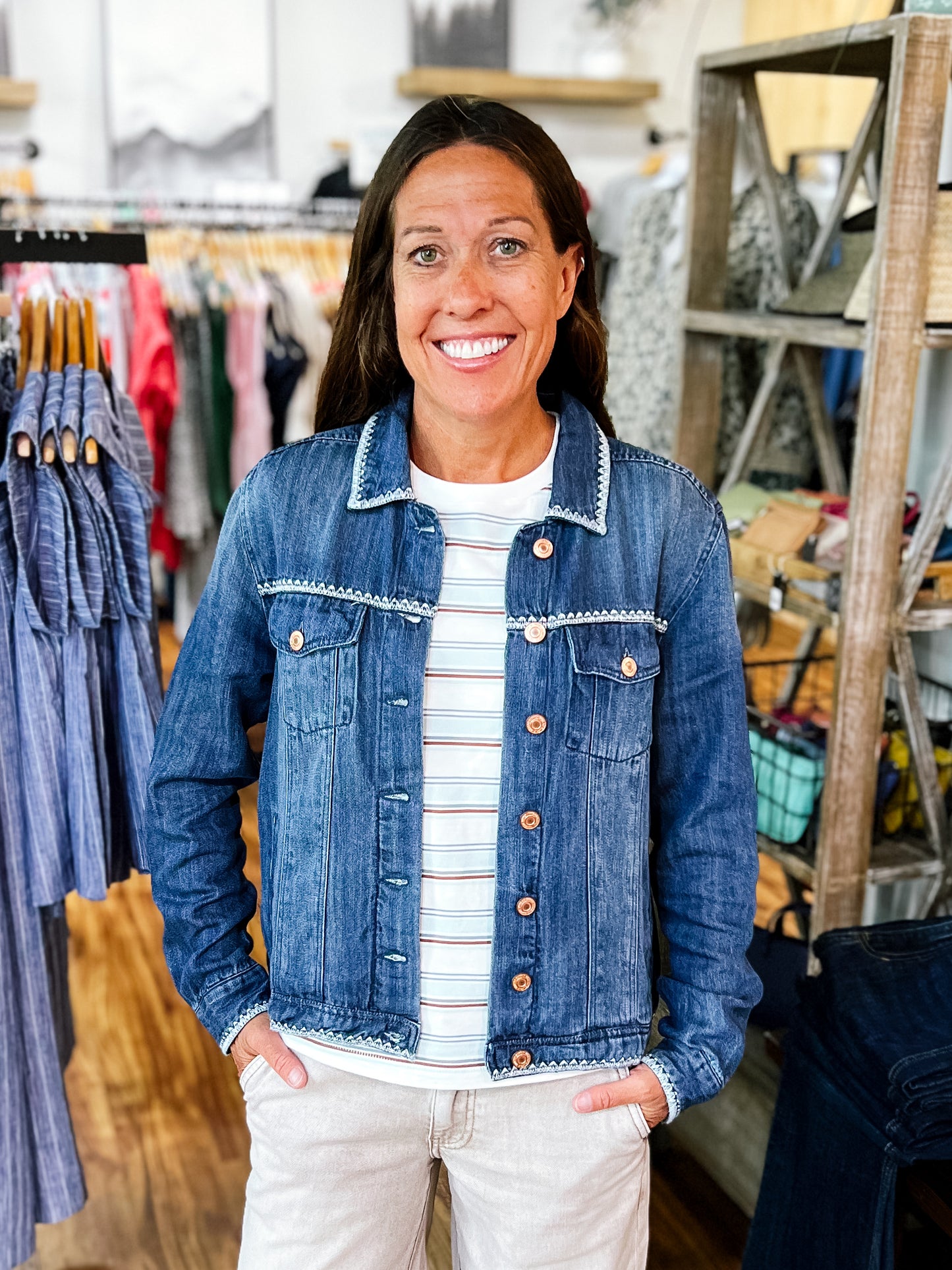 Medium Wash Denim Jacket With Embroidered Detailing