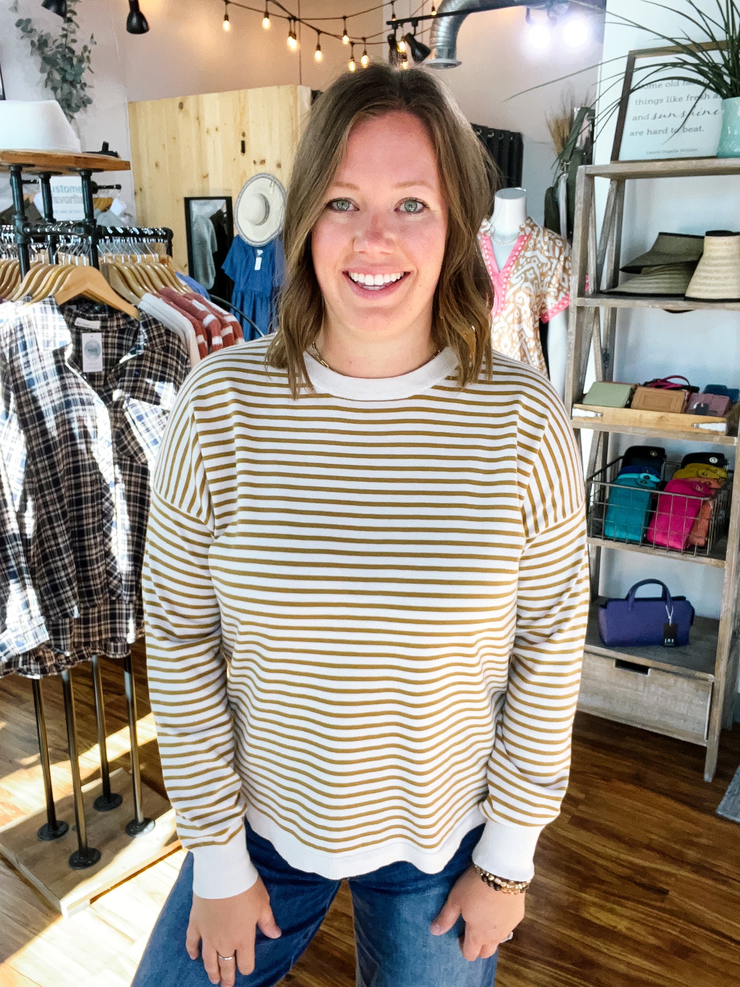 Cream And Camel Striped Crewneck Light Sweater