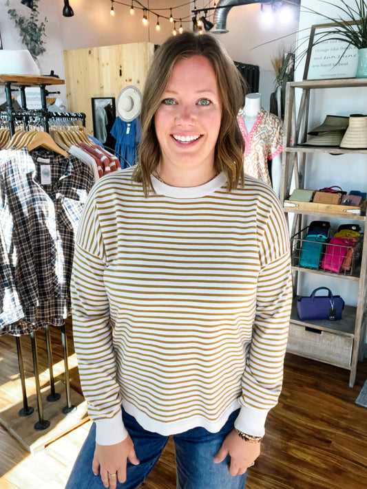 Cream And Camel Striped Crewneck Light Sweater