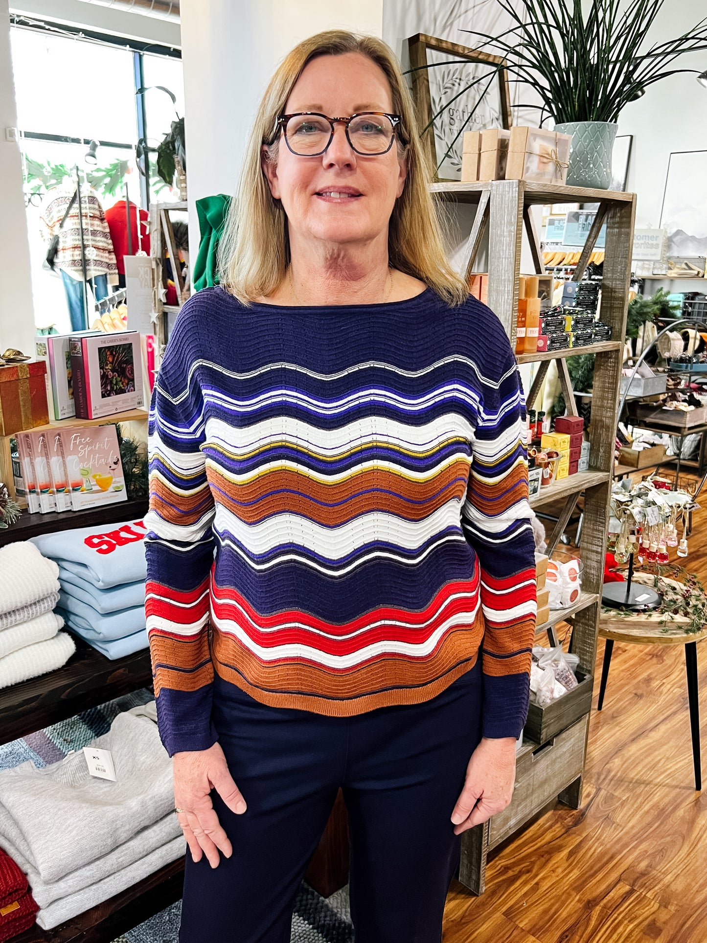 Navy W/Wavey Stripes Sweater