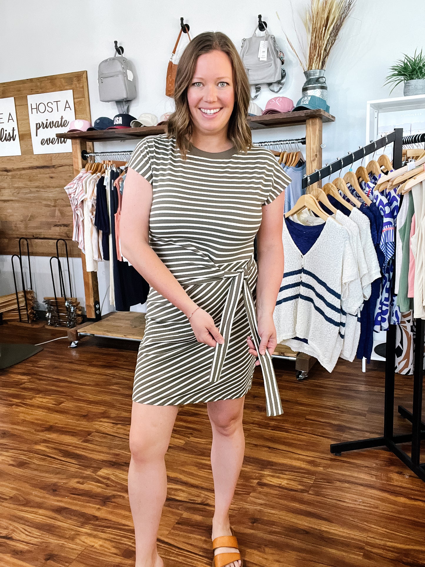 Olive & Cream Stripe Side Tie Dress